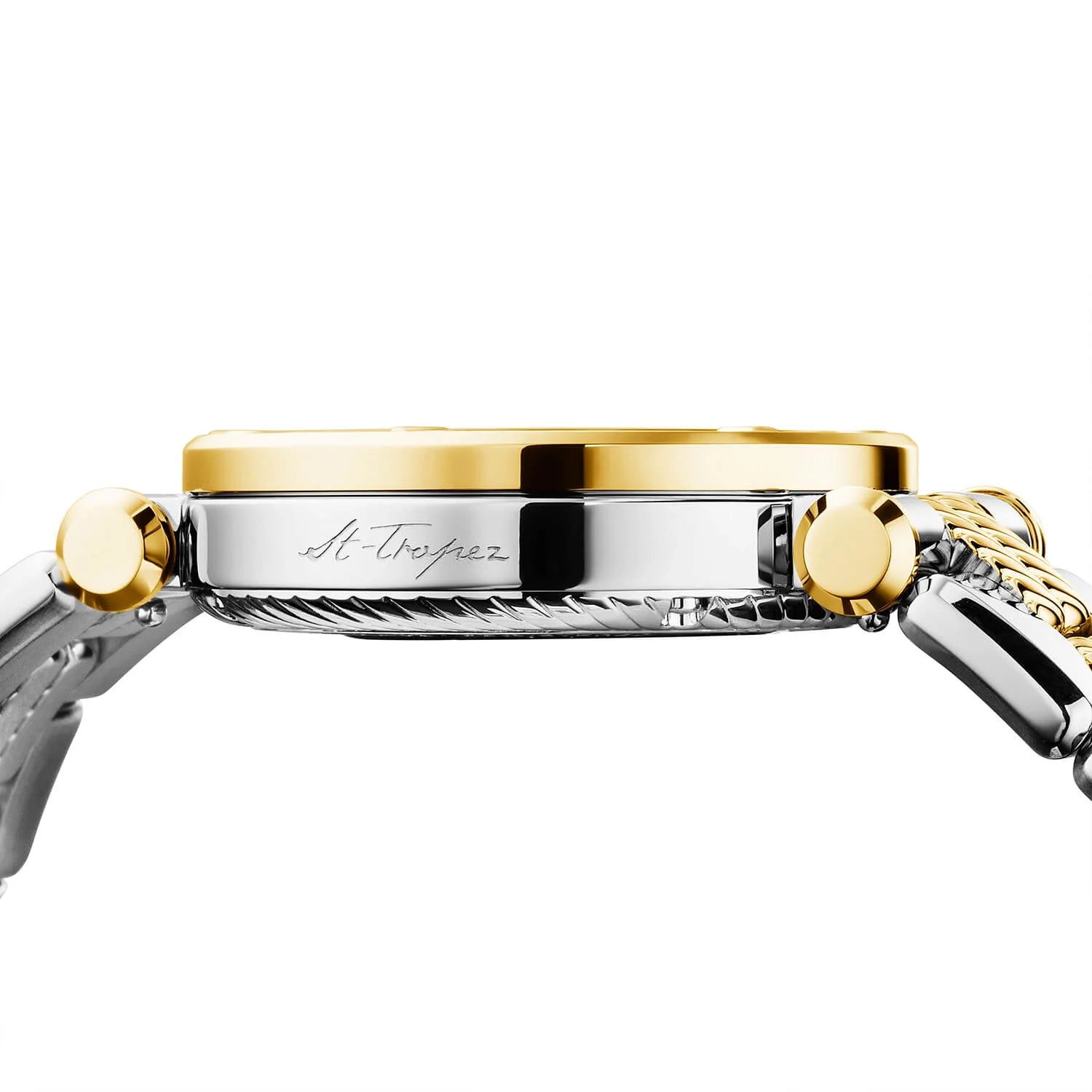 NAVIGATOR CRUISE، 36 ملم، CHARRIOL عيار أوتوماتيكي، عيار 36 ملم، سكيتون أوتوماتيكي، كريستال مع 12 حجر كريم مع 12 حجر كريم داخل حلقة دائرية داخلية، فولاذ ذهب أصفر مطلي بالذهب مع 30 حجر كريم من الألماس و 6 حبات من الألماس وسوار معدني ثنائي اللون قابل للتبديل - © 2024 Charriol - ساعة