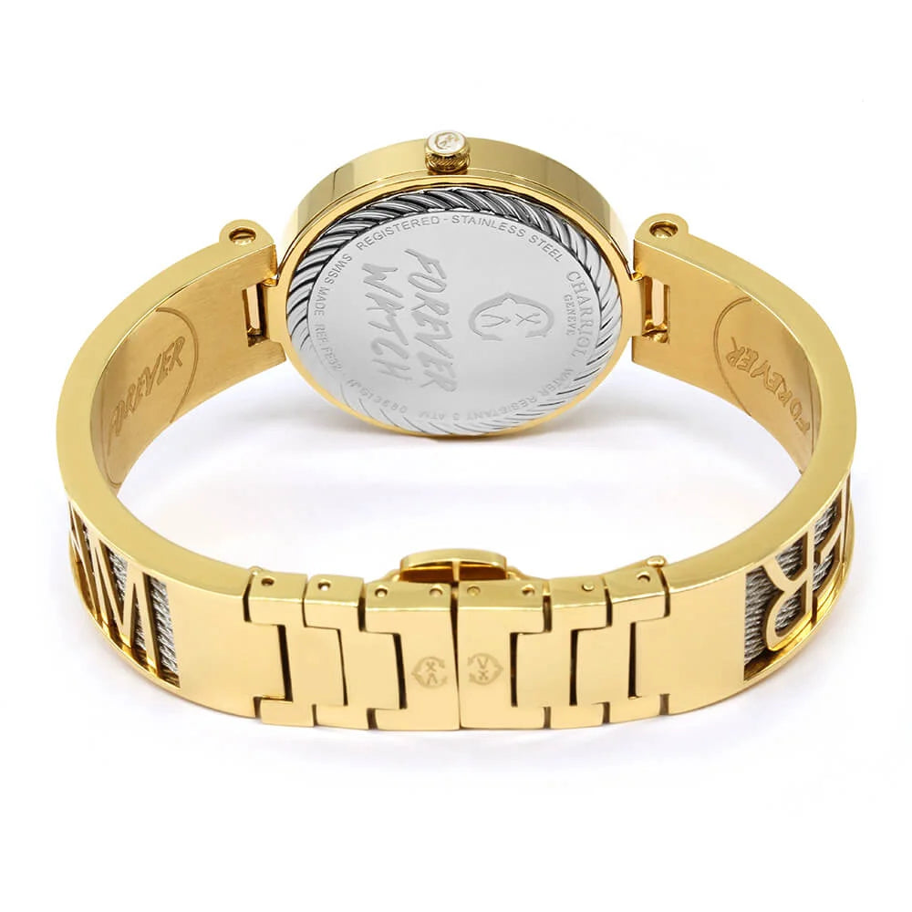 FOREVER ساعتك، عيار 32 مم، عيار كوارتز، عيار كوارتز، مينا من اللؤلؤ مع 12 حجر كريم، حزام من الذهب الأصفر المطلي بالورنيش الفضي وسوار من الفولاذ - Charriol جنيف - ساعة يد