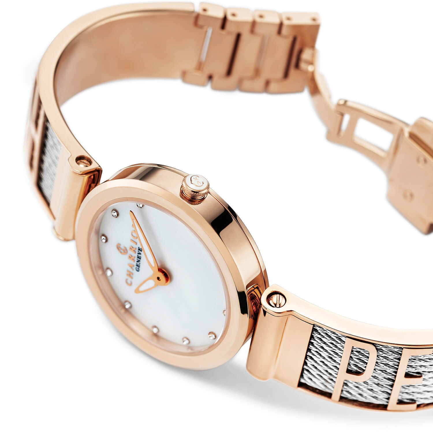 FOREVER ساعتك، عيار 32 مم، عيار كوارتز، عيار كوارتز، مينا ب 12 حجر لؤلؤ، حزام من الذهب الوردي المطلي بالورنيش، سوار من الفولاذ - Charriol جنيف - ساعة يد - جنيف