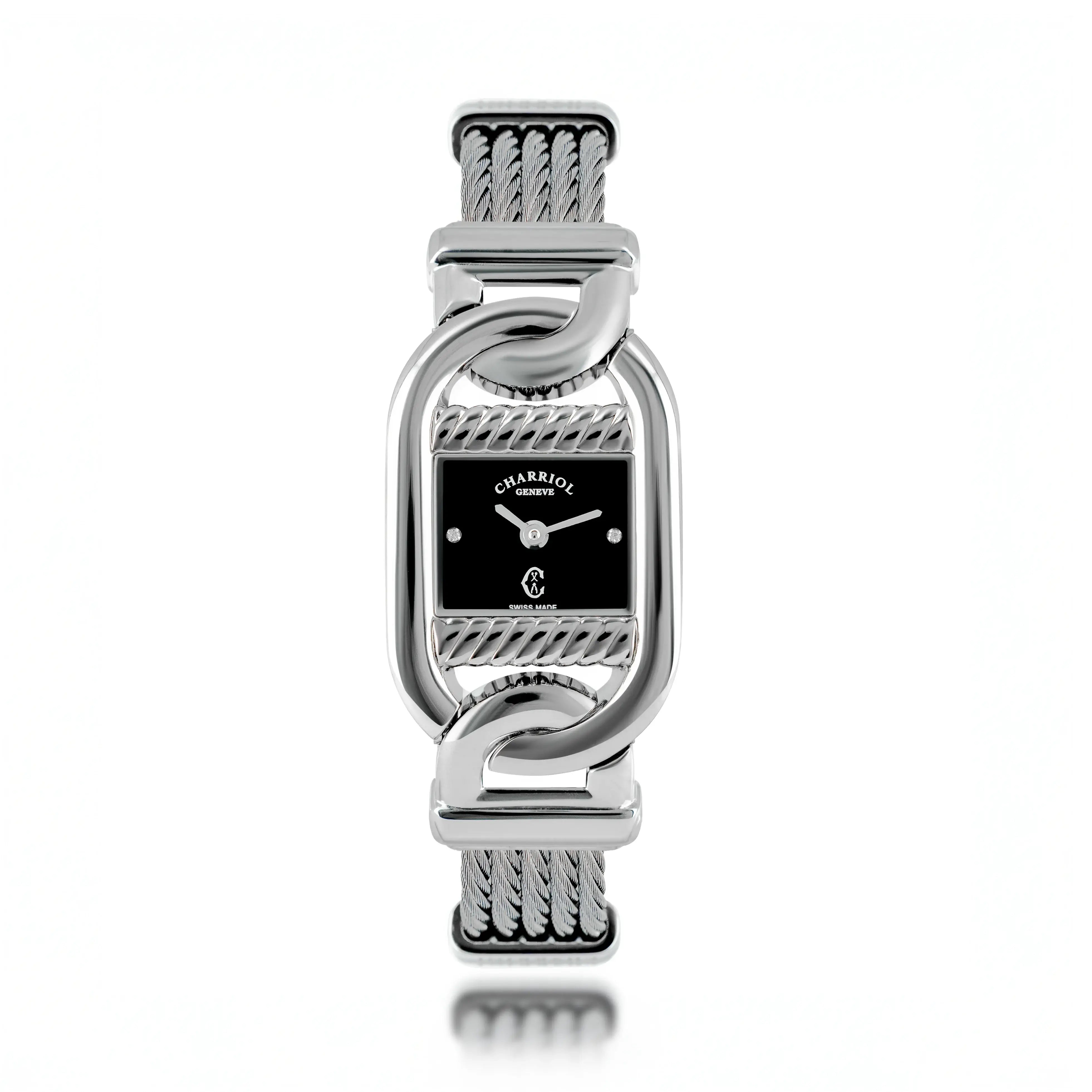 MARINER, 20MM, QUARTZ CALIBRE, STEEL CASE, BLACK MOTHER-OF-PEARL WITH 2 DIAMONDS DIAL, STEEL CABLE BRACELET - ©2025 Philippe Charriol International Ltd. - Watch