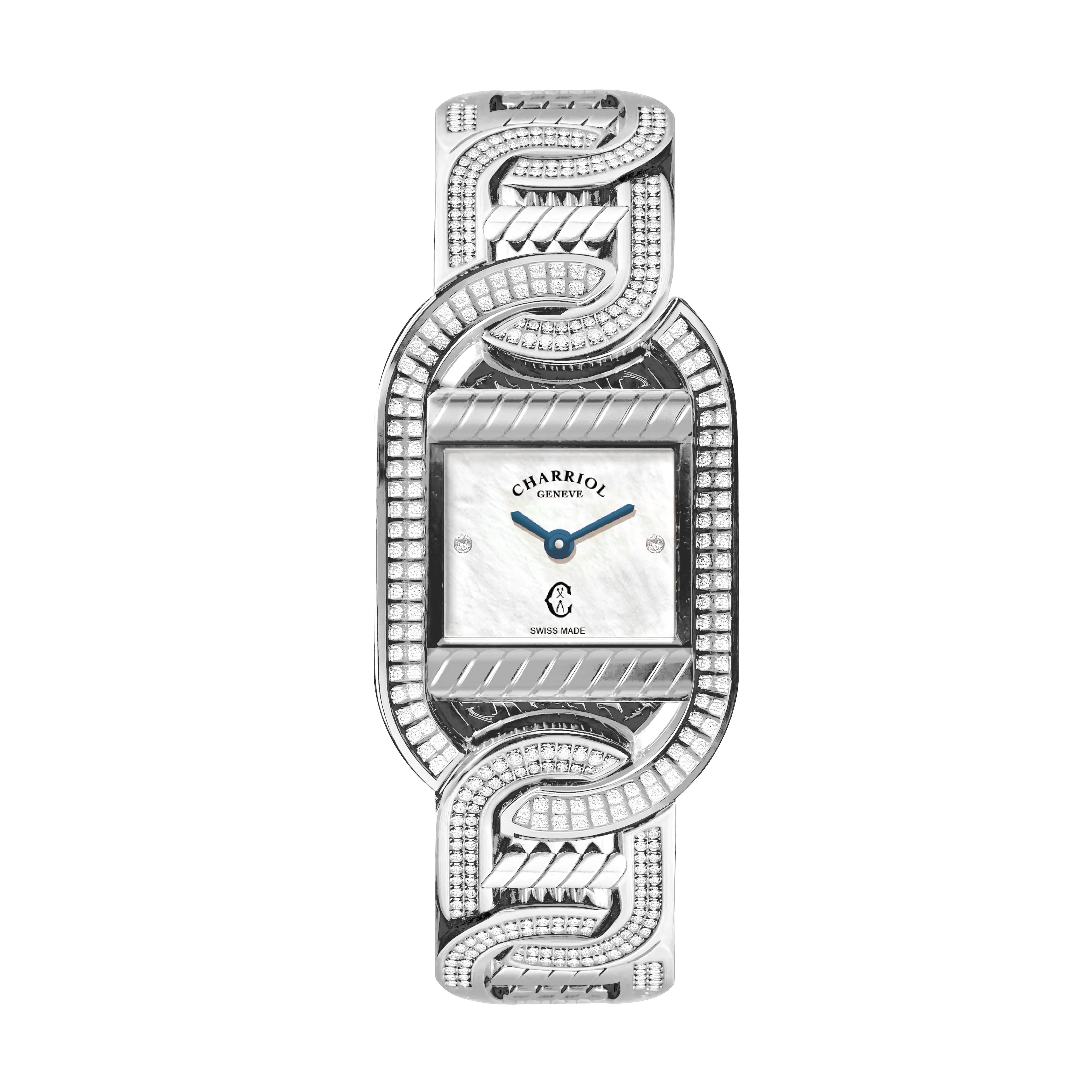 MARINER, 20MM, QUARTZ CALIBRE, STEEL CASE WITH 128 DIAMONDS, 6 STEEL LINKS WITH 336 DIAMONDS, WHITE MOTHER-OF-PEARL WITH 2 DIAMONDS - ©2025 Philippe Charriol International Ltd. - Watch