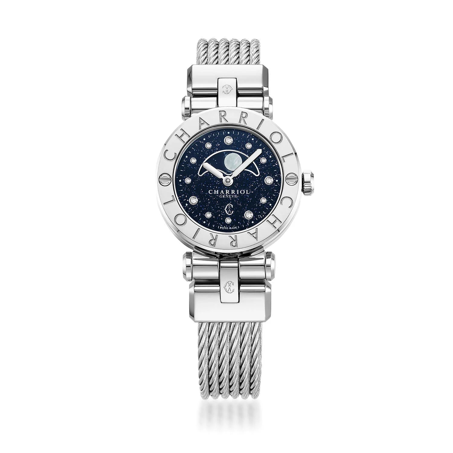 NAVIGATOR CRUISE, 28MM, MOONPHASE QUARTZ CALIBRE, AVENTURINE PRINTED WITH 12 DIAMONDS DIAL, STEEL "CHARRIOL CHARRIOL" WITH 2 SCREWS BEZEL, STEEL INTERCHANGEABLE CABLE BRACELET - © 2024 Charriol - Watch