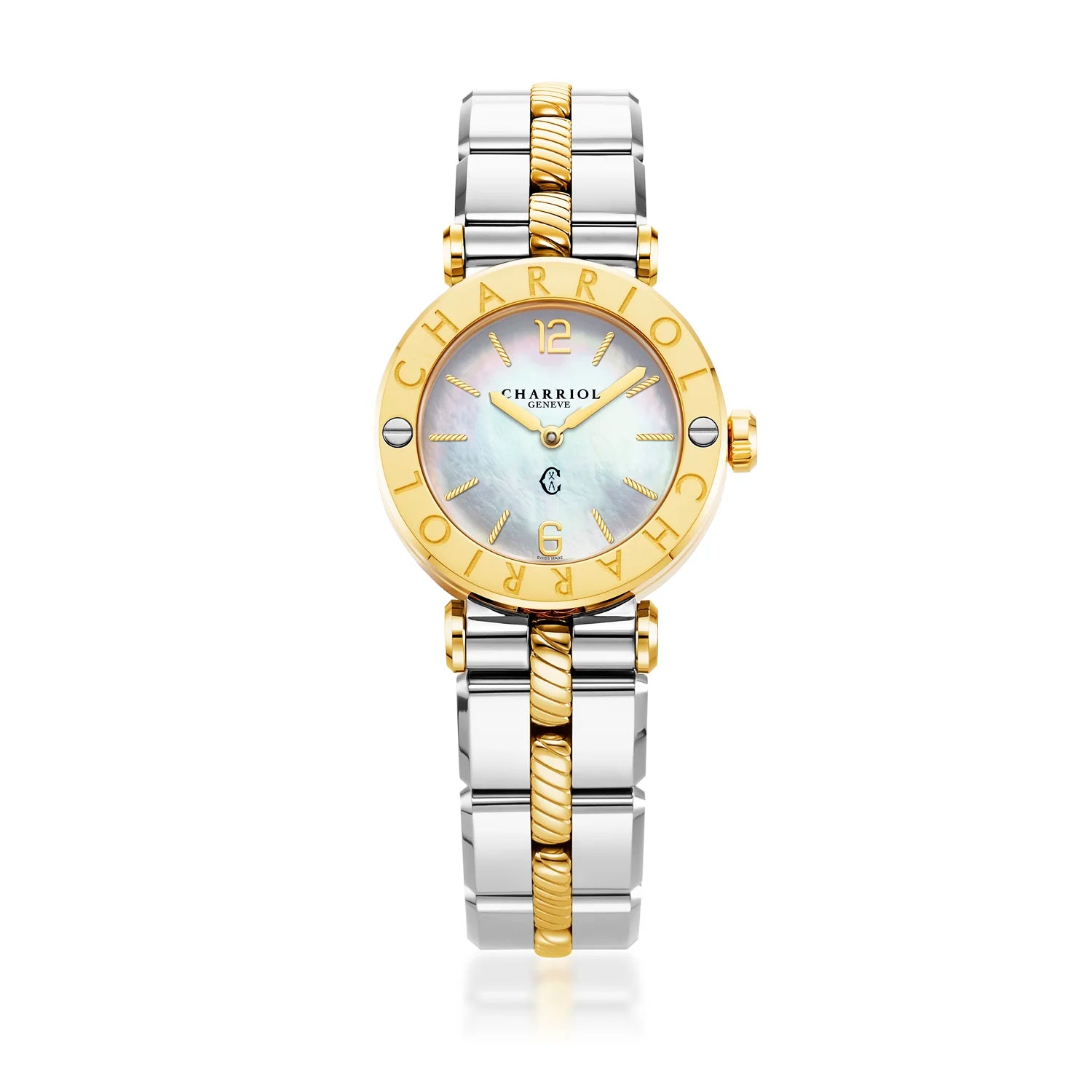 NAVIGATOR CRUISE، 28 مم، عيار كوارتز عيار 28 مم، مينا من اللؤلؤ، "CHARRIOL CHARRIOL " حزام، سوار فولاذي ثنائي اللون قابل للتبديل - Charriol جنيف - ساعة