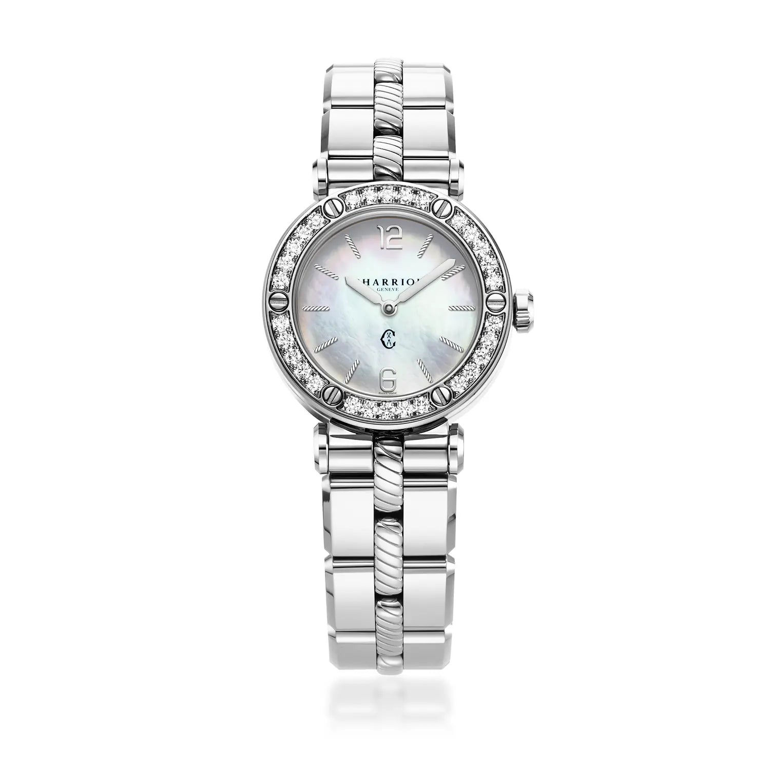 NAVIGATOR CRUISEعيار 28 مم، عيار كوارتز، مينا من اللؤلؤ، 30 حبة مرصعة بالألماس، سوار فولاذي قابل للتبديل - Charriol جنيف - ساعة