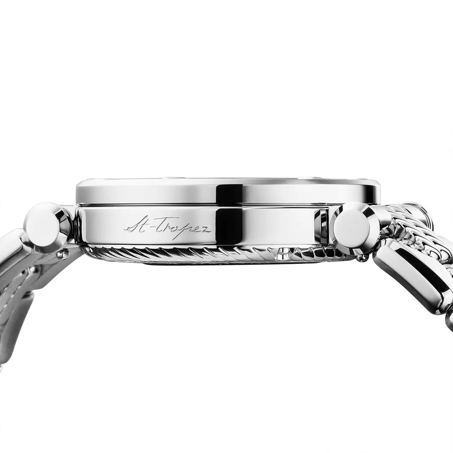 NAVIGATOR CRUISE، 36 ملم، CHARRIOL عيار أوتوماتيكي، عيار 36 ملم، سكيتون أوتوماتيكي، كريستال مع 12 حجر كريم، مينا داخل حلقة دائرية داخلية، فولاذ مع 30 حجر كريم و6 أحجار كريم، سوار معدني قابل للتبديل - © 2024 Charriol - ساعة