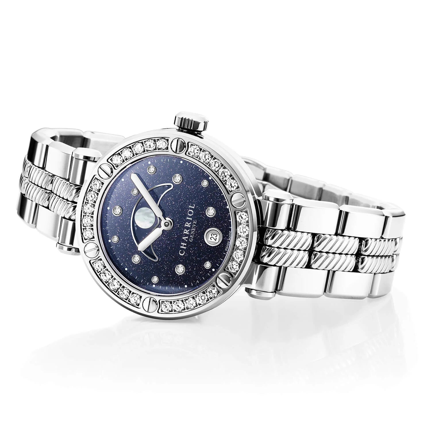 NAVIGATOR CRUISEعيار 36 مم، عيار كوارتز من حجر القمر مطبوع عليه 11 حجرًا معدنيًا ومطبع بـ 11 حجرًا معدنيًا ومزود بـ 30 حجرًا معدنيًا و6 أسلاك معدنية قابلة للتبديل - © 2024 Charriol - ساعة