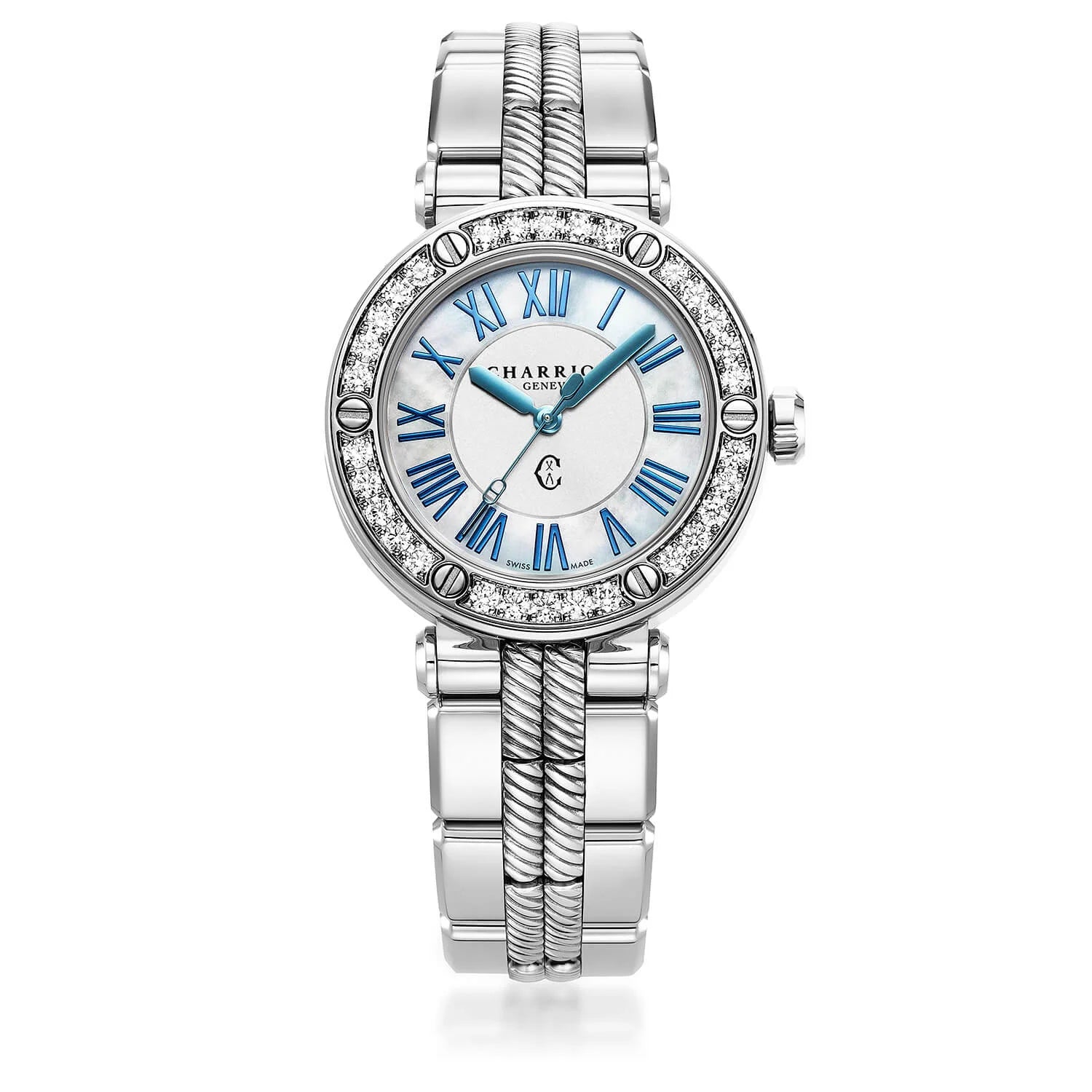 NAVIGATOR CRUISE, 36MM, QUARTZ CALIBRE, MOTHER-OF-PEARL DIAL WITH ROMAN NUMERAL, 30 DIAMONDS BEZEL, METAL INTERCHANGEABLE BRACELET - ©2025 Philippe Charriol International Ltd. - Watch