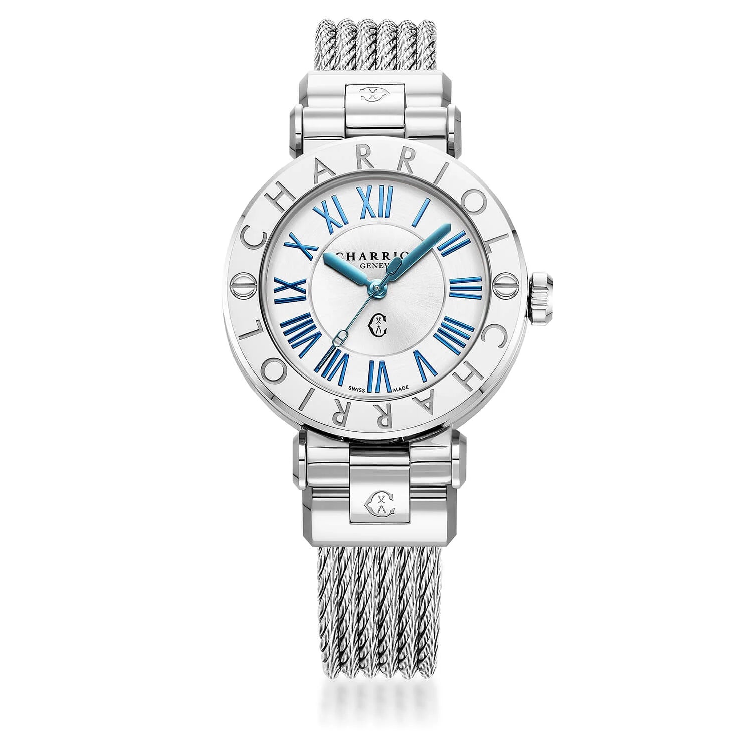 NAVIGATOR CRUISE, 36MM, QUARTZ CALIBRE, WHITE CIRCULAR AND SUN CENTER WITH 12 ROMAN FIGURES DIAL, STEEL "CHARRIOL CHARRIOL" WITH 2 SCREWS BEZEL, STEEL INTERCHANGEABLE CABLE BRACELET - © 2024 Charriol - Watch