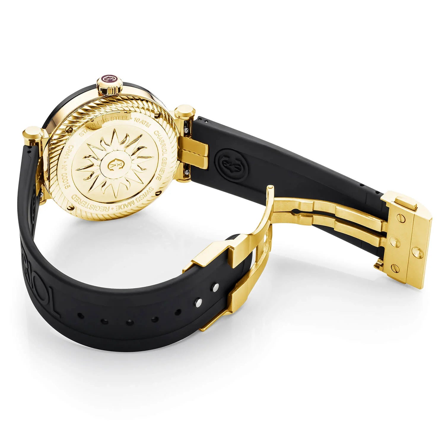 NAVIGATOR CRUISEعيار 41 مم، عيار كوارتز، أسود مع مينا أصفر 2 عربي و9 مؤشرات فهرس، فولاذ أسود من الفولاذ المطلي بالفلور متعدد الفلزات "CHARRIOL CHARRIOL " مع حافة ذات 2 سوار، سوار أسود مطاطي قابل للتبديل - © 2024 Charriol - ساعة