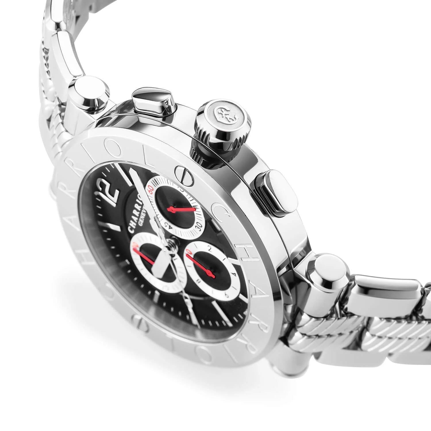 NAVIGATOR CRUISEعيار 41 مم، عيار كوارتز كرونوغرافي، أسود مع 3 عدادات روديوم وميناء مؤشر، فولاذ "CHARRIOL CHARRIOL " مع 2 سوار معدني قابل للتبديل - © 2024 Charriol - ساعة