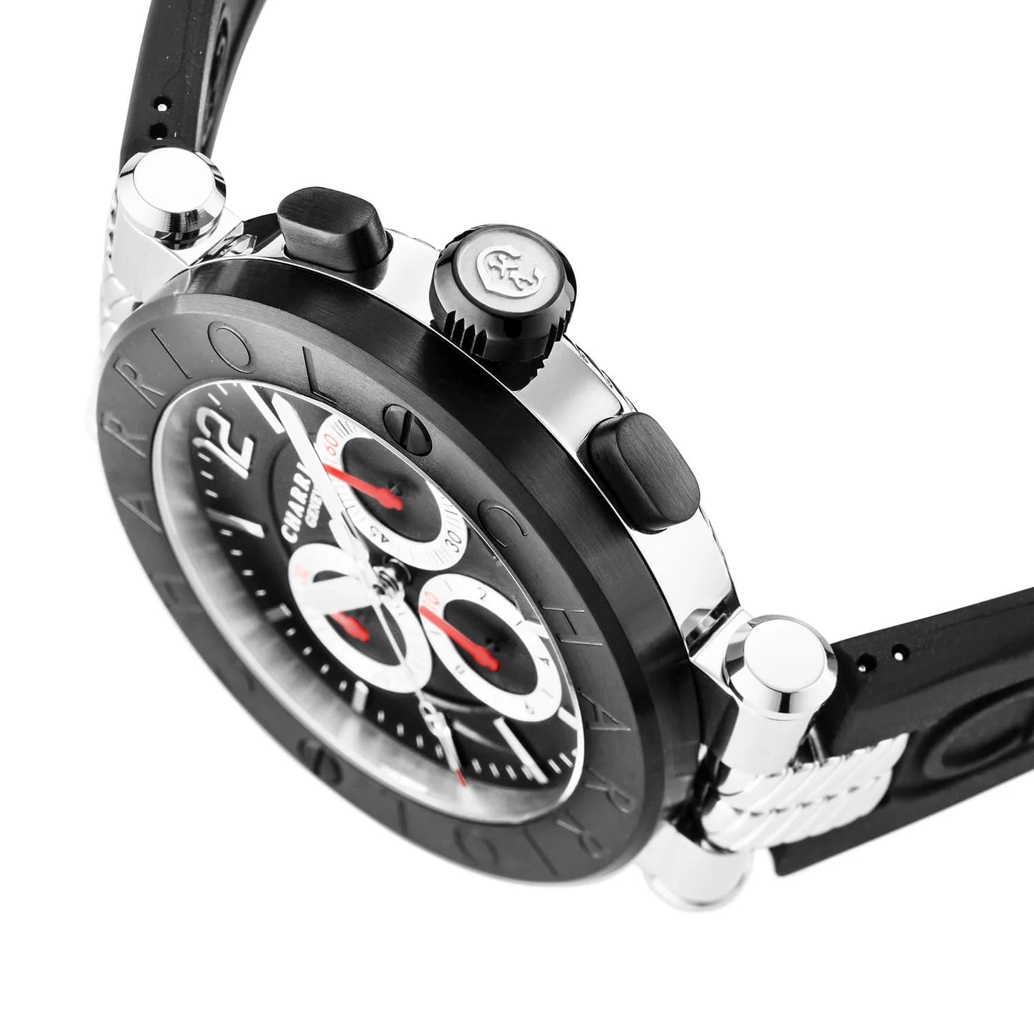 NAVIGATOR CRUISE، 41 مم، عيار كوارتز كرونوغرافي كوارتزي، مينا أسود مع كروس حمراء، حزام من الفولاذ الأسود الفولاذي PVD "CHARRIOL CHARRIOL "، سوار من المطاط الأسود قابل للتبديل بين الأشرطة - © 2024 Charriol - ساعة