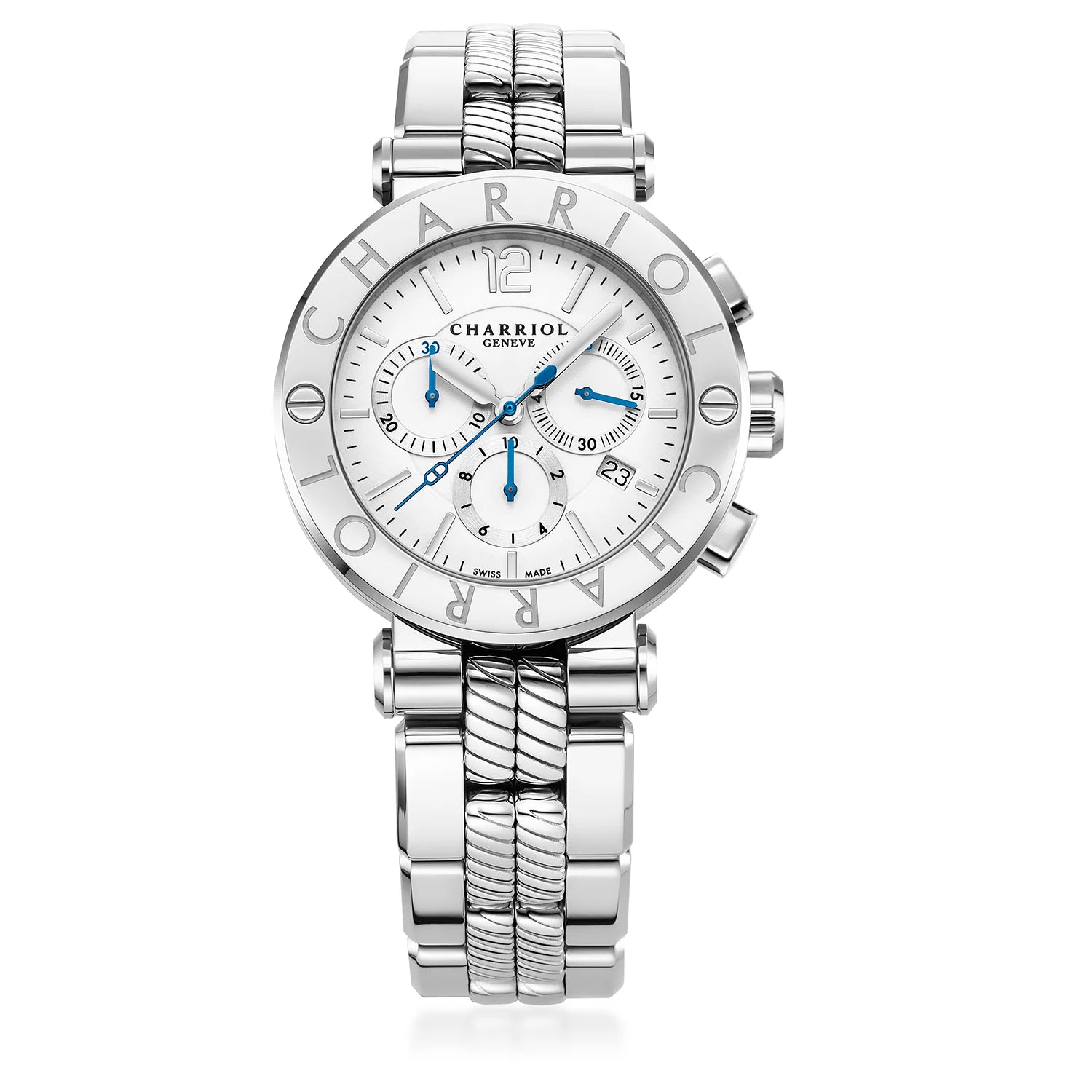 NAVIGATOR CRUISE، 41 ملم، عيار كوارتز كرونوغراف، مينا أبيض، "CHARRIOL CHARRIOL " سوار فولاذي قابل للتبديل - Charriol جنيف - ساعة يد - جنيف