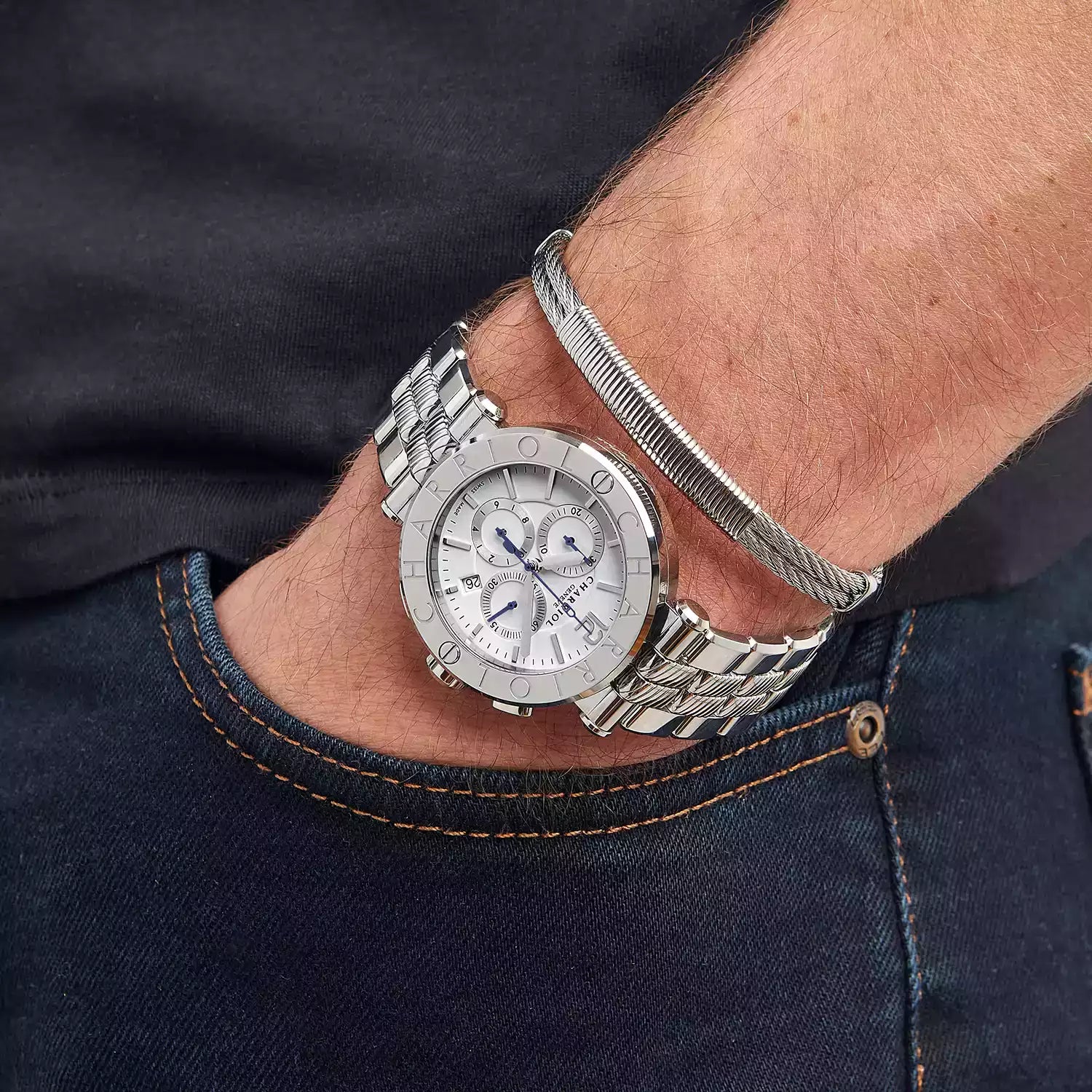 NAVIGATOR CRUISE، 41 ملم، عيار كوارتز كرونوغراف، مينا أبيض، "CHARRIOL CHARRIOL " سوار فولاذي قابل للتبديل - Charriol جنيف - ساعة يد - جنيف