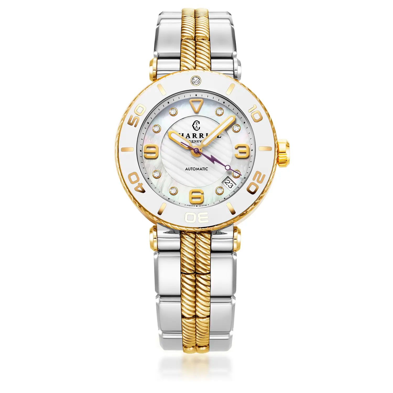 NAVIGATOR سرف، 36 مم، عيار أوتوماتيكي، مينا أبيض، إطار أبيض، سوار فولاذي ثنائي اللون قابل للتبديل - Charriol جنيف - ساعة يد - جنيف