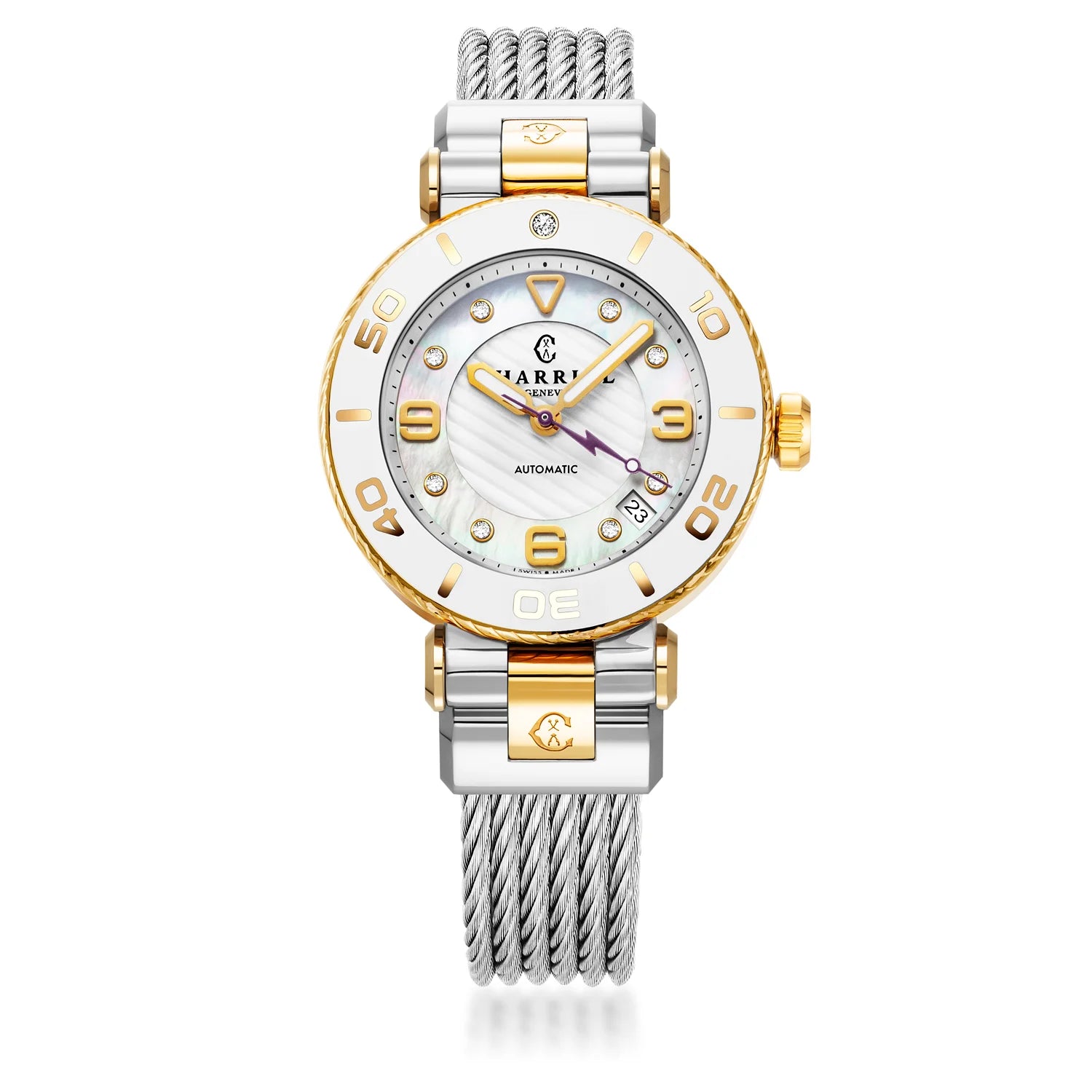 NAVIGATOR سرف، 36 مم، عيار أوتوماتيكي، مينا أبيض، حافة بيضاء، سوار فولاذي قابل للتبديل - Charriol جنيف - ساعة يد