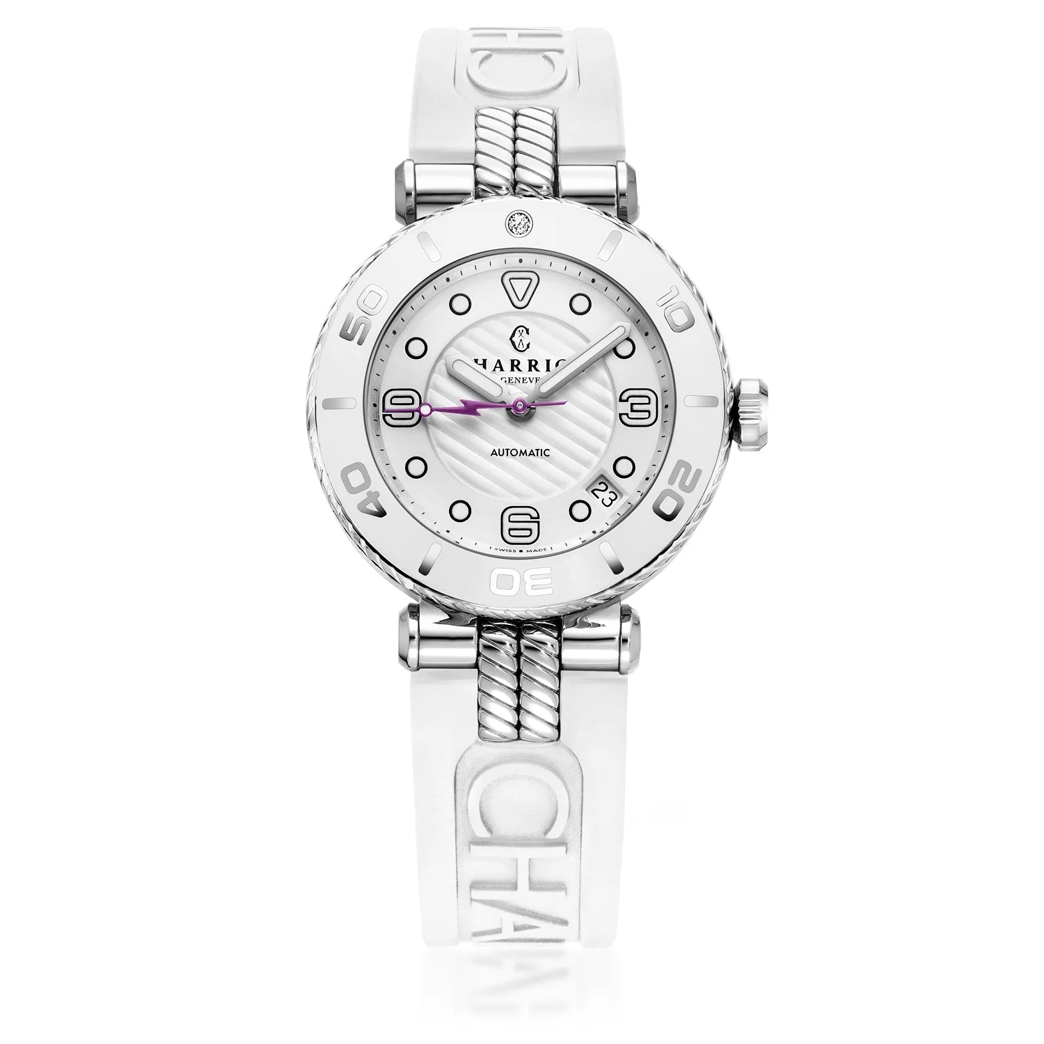 NAVIGATOR سرف، 36 مم، عيار أوتوماتيكي، مينا أبيض، حافة بيضاء، سوار مطاطي أبيض قابل للتبديل - Charriol جنيف - ساعة يد