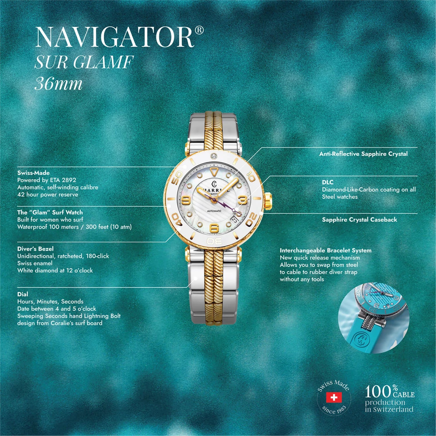 NAVIGATOR سرف، 36 مم، عيار أوتوماتيكي، مينا أبيض، إطار أبيض، سوار فولاذي ثنائي اللون قابل للتبديل - Charriol جنيف - ساعة يد - جنيف