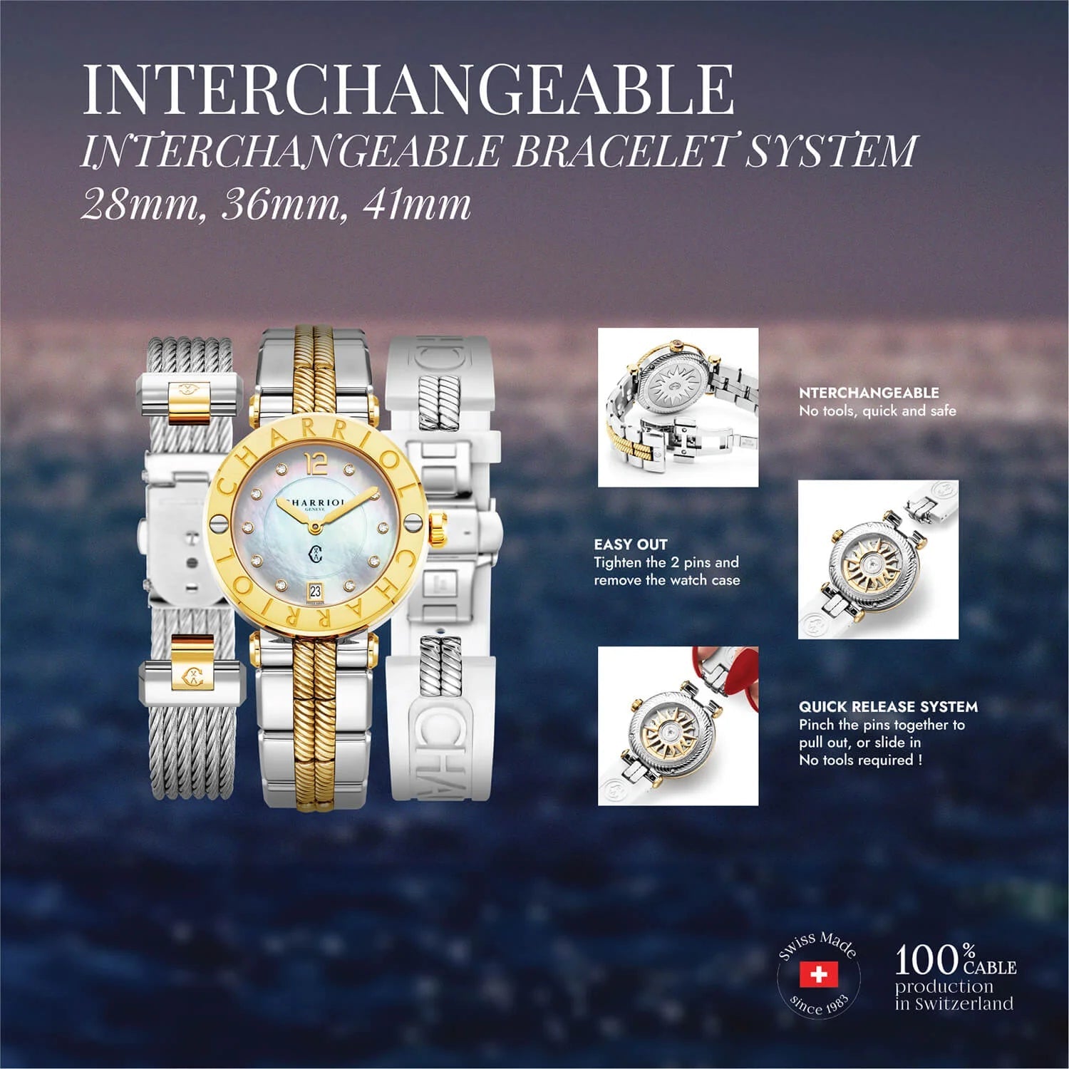 NAVIGATOR CRUISE، 28 مم، عيار كوارتز عيار 28 مم، عيار كوارتز مع 10 أحجار كريمة من اللؤلؤ، 30 حجر ألماس مقطوع بالكامل مع 6 مسامير حافة من الذهب المعدني الأصفر PVD سوار قابل للتبديل - Charriol جنيف - ساعة