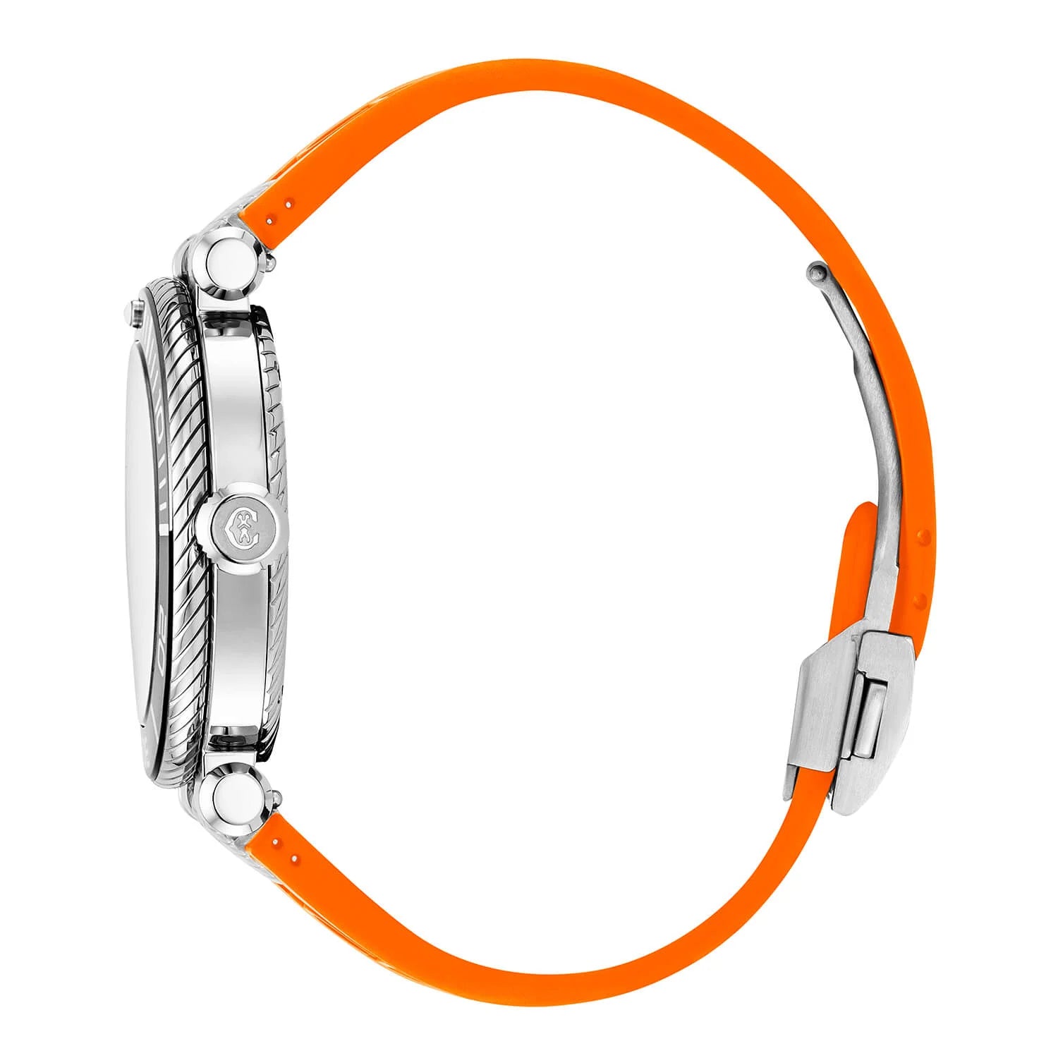 NAVIGATOR عيار 41 مم، عيار أوتوماتيكي، مينا لومينوفا أسود، حافة سوداء وفضية، سوار مطاطي برتقالي قابل للتبديل - © 2024 Charriol - ساعة