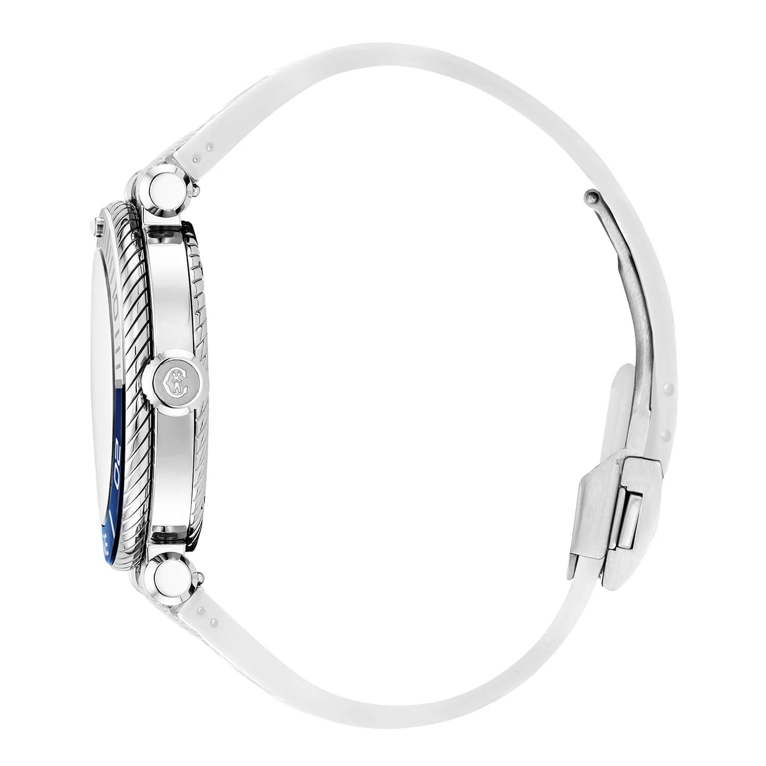 NAVIGATOR عيار 41 مم، عيار أوتوماتيكي، مينا أبيض لومينوفا، حافة زرقاء وبيضاء، سوار مطاطي أبيض قابل للتبديل - © 2024 Charriol - ساعة