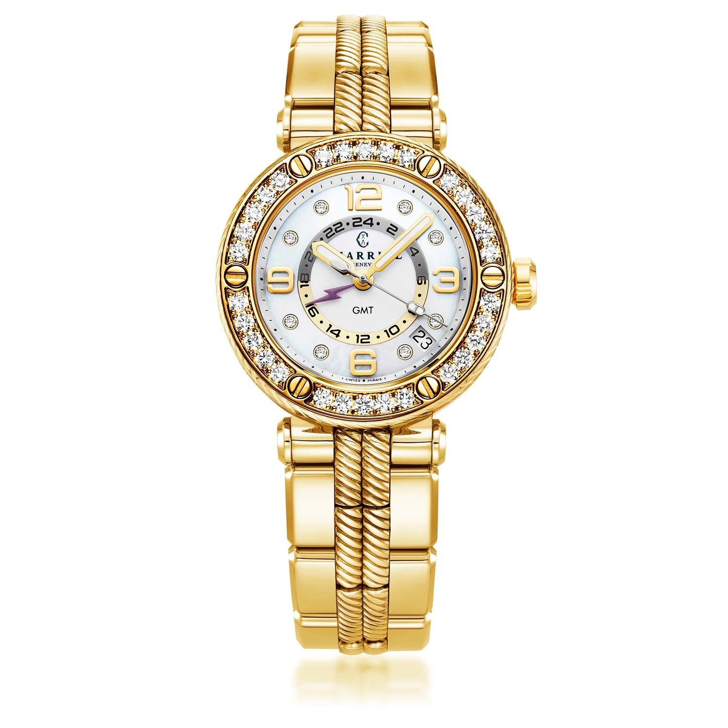 NAVIGATOR ساعة SURF GMT، 36 مم، عيار كوارتز بتوقيت جرينتش، مينا أبيض، حافة 30 ماسة، سوار من الذهب الأصفر PVD قابل للتبديل - Charriol جنيف - ساعة يد