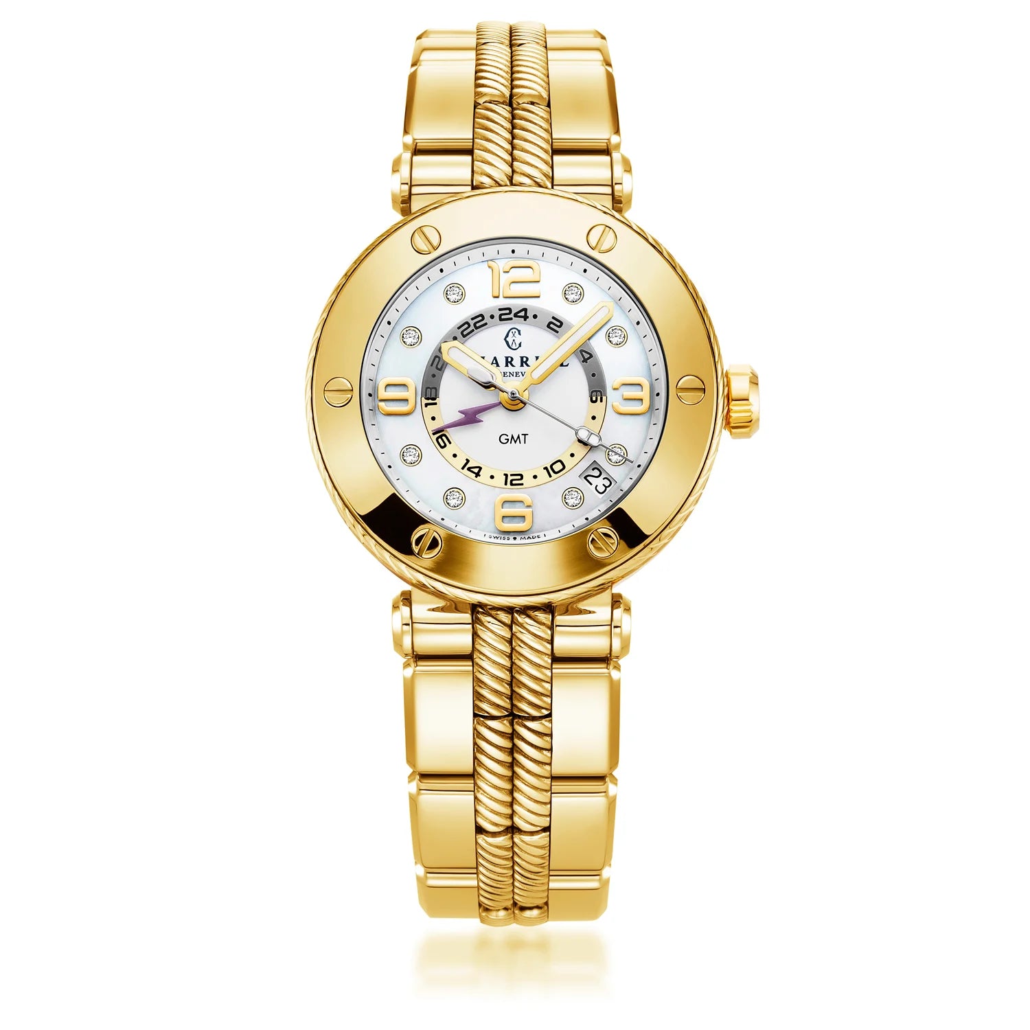 NAVIGATOR ساعة SURF GMT، 36 مم، عيار كوارتز بتوقيت غرينتش، مينا أبيض، حافة 6 أسلاك من الفولاذ والذهب الأصفر والذهب PVD قابل للتبديل - Charriol جنيف - ساعة يد