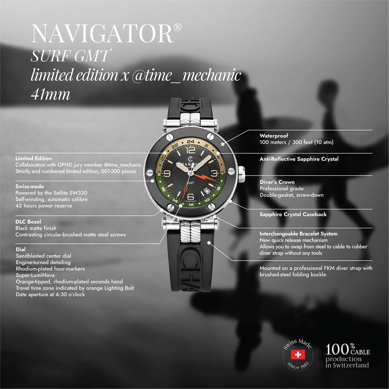 NAVIGATOR ساعة SURF GMT، 41 مم، عيار أوتوماتيكي، مينا أسود، حافة ذات 6 مسامير، سوار أسود مطاطي قابل للتبديل، إصدار محدود × @time_mechanic - Charriol جنيف - ساعة