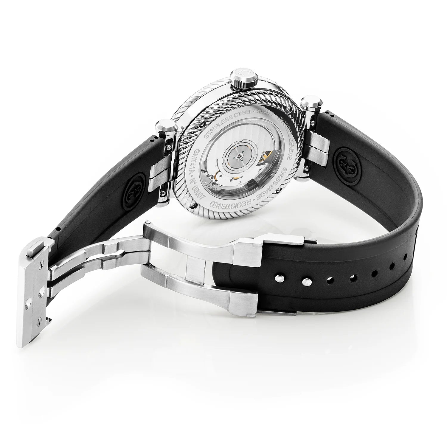 NAVIGATOR ساعة SURF GMT، 41 مم، عيار أوتوماتيكي، مينا أبيض، حزام من 6 مسامير، حزام مطاطي أسود قابل للتبديل - Charriol جنيف - ساعة يد