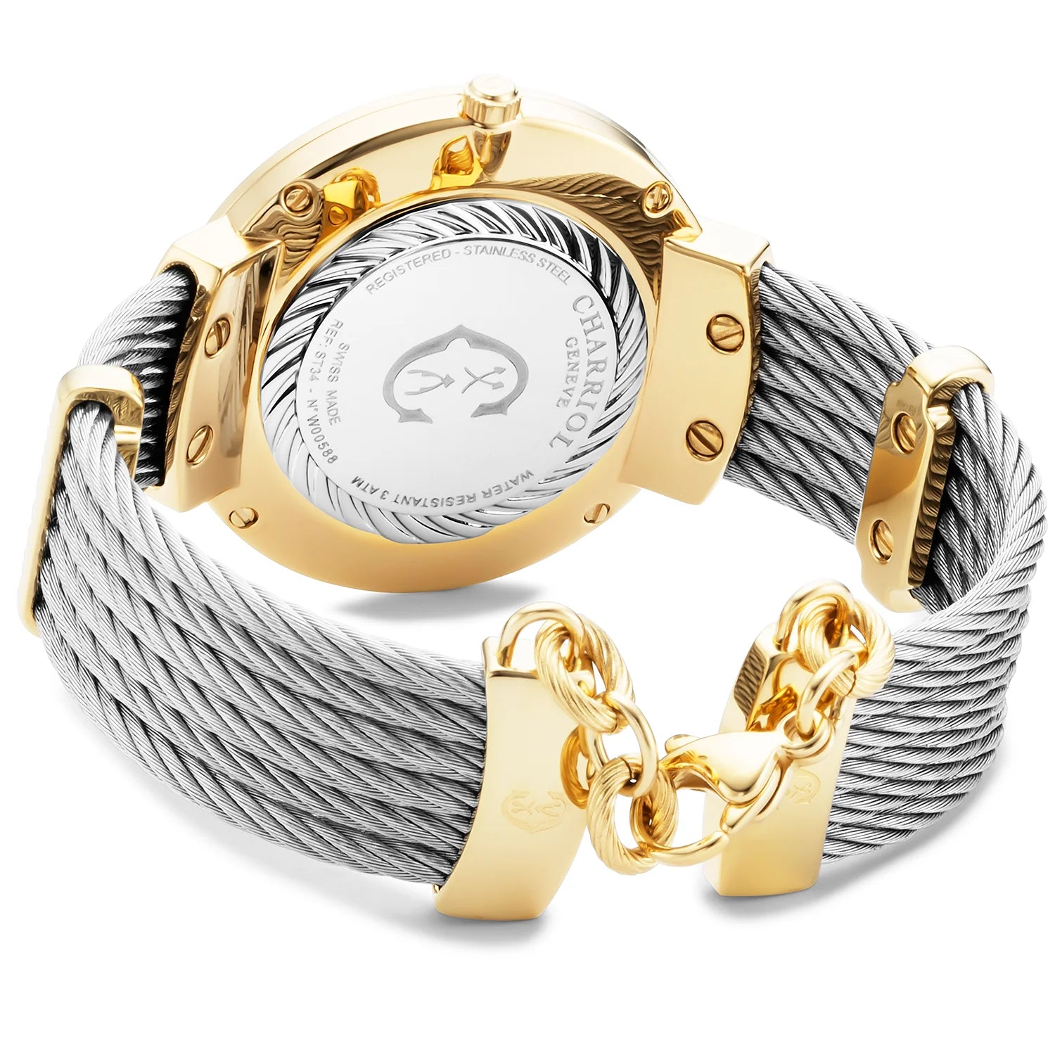 SLIM, 34MM, QUARTZ CALIBRE, WHITE MOTHER-OF-PEARL DIAL, STEEL YELLOW GOLD PVD "CHARRIOL CHARRIOL" BEZEL, STEEL CABLE BRACELET - ©2025 Philippe Charriol International Ltd. - Watch