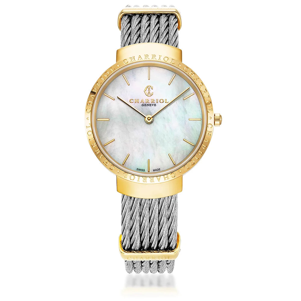 SLIM, 34MM, QUARTZ CALIBRE, WHITE MOTHER-OF-PEARL DIAL, STEEL YELLOW GOLD PVD "CHARRIOL CHARRIOL" BEZEL, STEEL CABLE BRACELET - ©2025 Philippe Charriol International Ltd. - Watch