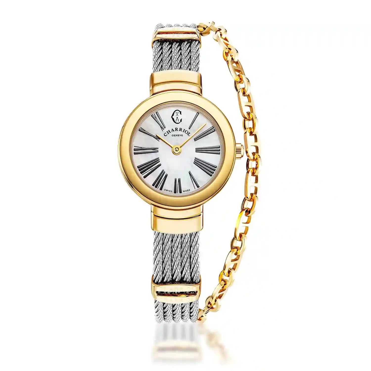ST TROPEZ®, 25MM, QUARTZ CALIBRE, MOTHER-OF-PEARL DIAL, YELLOW GOLD PVD BEZEL, STEEL CABLE BRACELET - Charriol Geneve - Watch