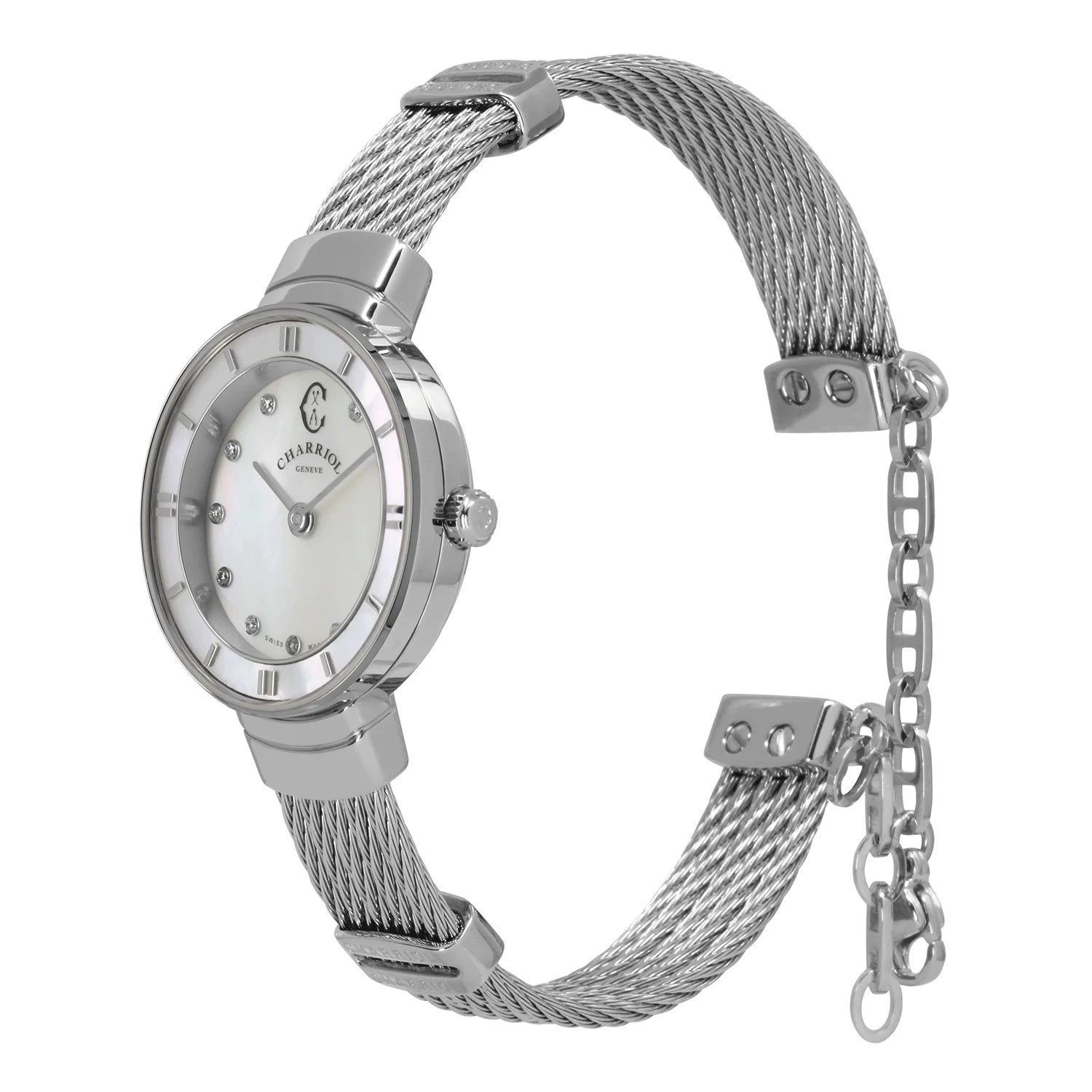 ST TROPEZ, 25MM, QUARTZ CALIBRE, MOTHER-OF-PEARL WITH 11 DIAMONDS DIAL, MOTHER-OF-PEARL BEZEL, STEEL CABLE BRACELET - Charriol Geneve - Watch