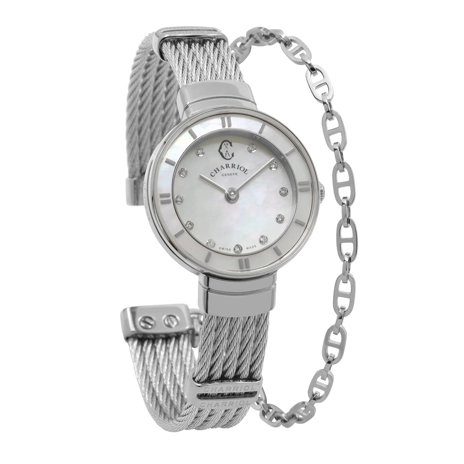 ST TROPEZ, 25MM, QUARTZ CALIBRE, MOTHER-OF-PEARL WITH 11 DIAMONDS DIAL, MOTHER-OF-PEARL BEZEL, STEEL CABLE BRACELET - Charriol Geneve - Watch