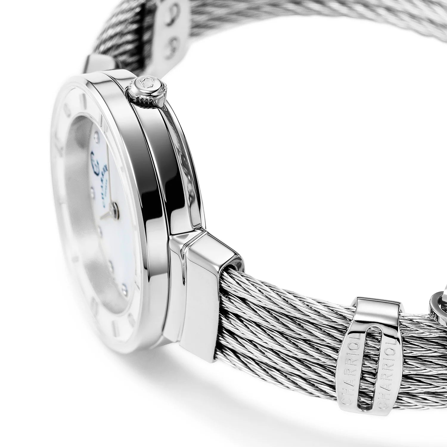 ST TROPEZ, 25MM, QUARTZ CALIBRE, MOTHER-OF-PEARL WITH 11 DIAMONDS DIAL, MOTHER-OF-PEARL BEZEL, STEEL CABLE BRACELET - Charriol Geneve - Watch