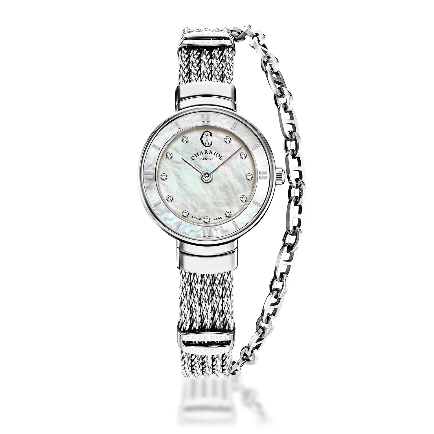 ST TROPEZ, 25MM, QUARTZ CALIBRE, MOTHER-OF-PEARL WITH 11 DIAMONDS DIAL, MOTHER-OF-PEARL BEZEL, STEEL CABLE BRACELET - Charriol Geneve - Watch