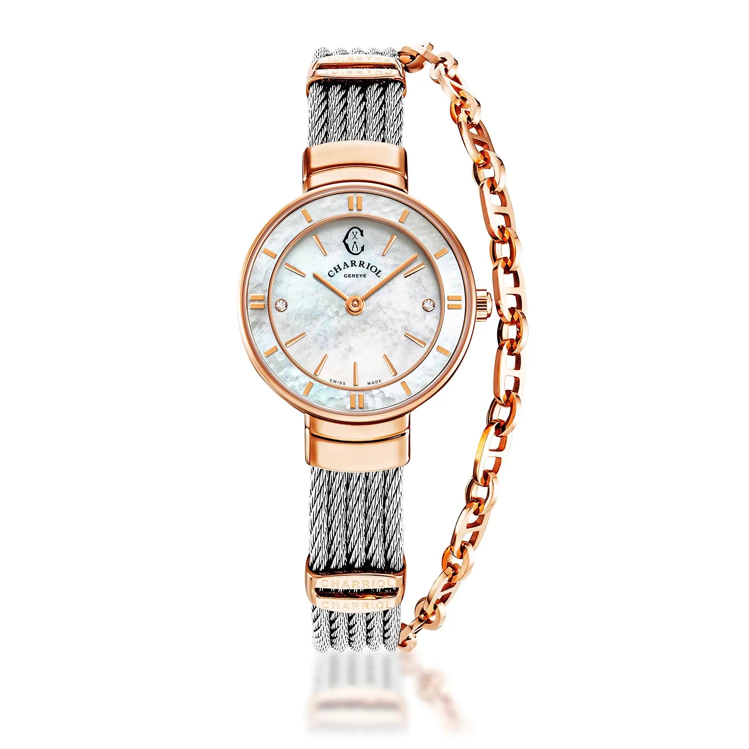 ST TROPEZ, 25MM, QAURTZ CALIBRE, MOTHER-OF-PEARL WITH 2 DIAMONDS DIAL, MOTHER-OF-PEARL BEZEL, STEEL CABLE BRACELET - Charriol Geneve - Watch