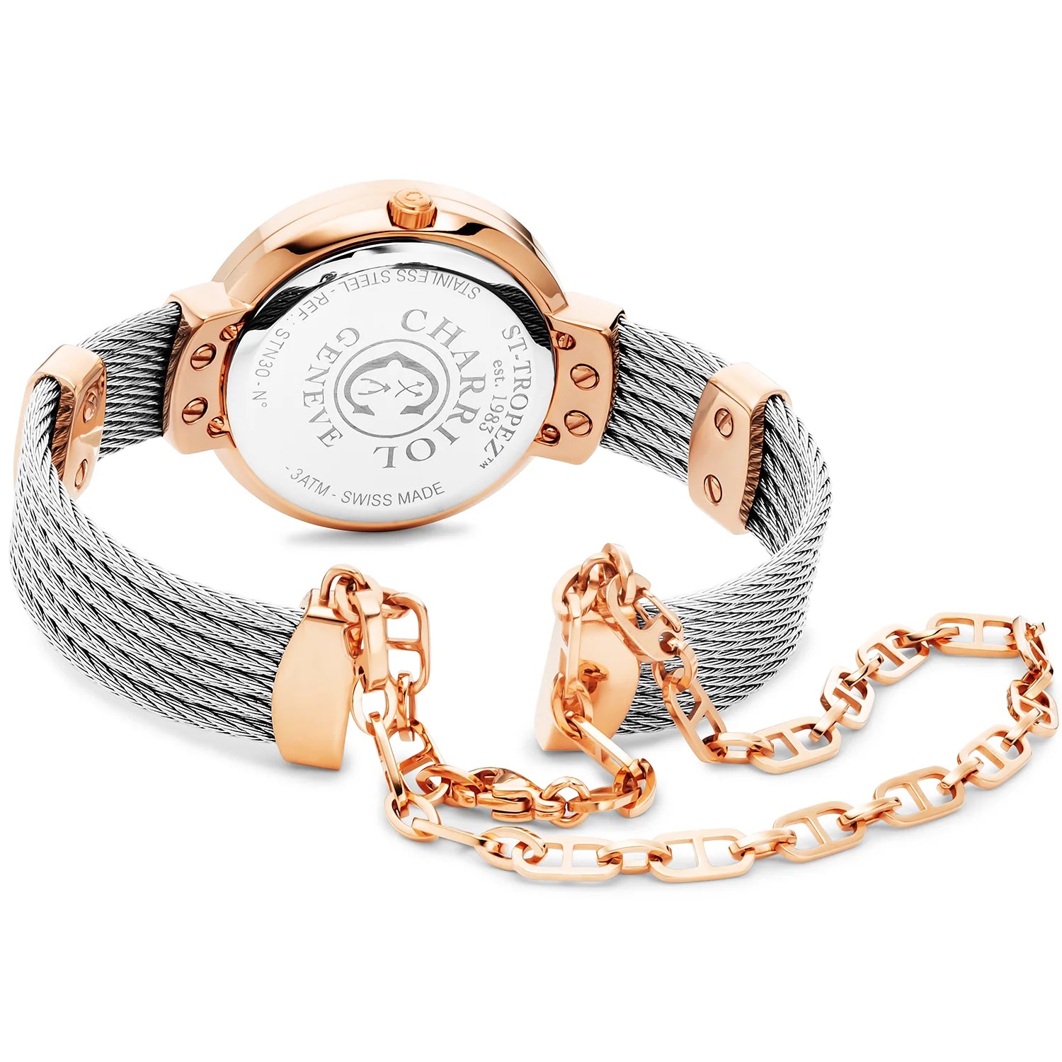 ST-TROPEZ, 30MM, QUARTZ CALIBRE, MOTHER-OF-PEARL DIAL, ROSE GOLD PVD WITH 6 DIAMONDS BEZEL, STEEL CABLE BRACELET - Charriol Geneve - Watch