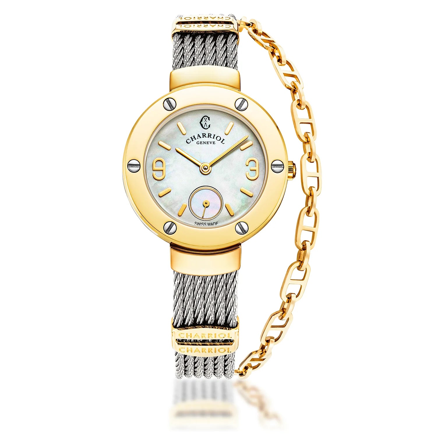 ST TROPEZ, 30MM, QUARTZ CALIBRE, MOTHER-OF-PEARL DIAL, YELLOW GOLD PVD WITH 6 SCREWS BEZEL, STEEL CABLE BRACELET - Charriol Geneve - Watch
