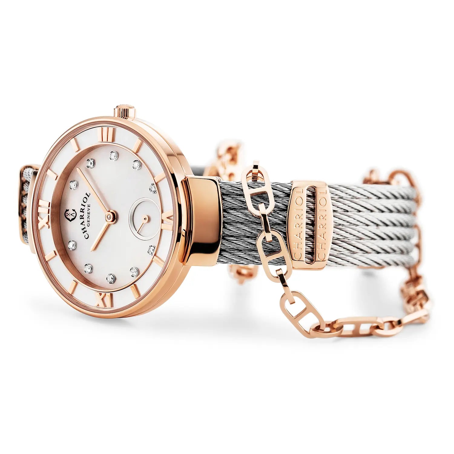 ST TROPEZ، 30 مم، عيار كوارتز، عيار كوارتز، سوار من اللؤلؤ مع 10 أحجار كريمة من اللؤلؤ، سوار من اللؤلؤ، سوار من الفولاذ - Charriol جنيف - ساعة