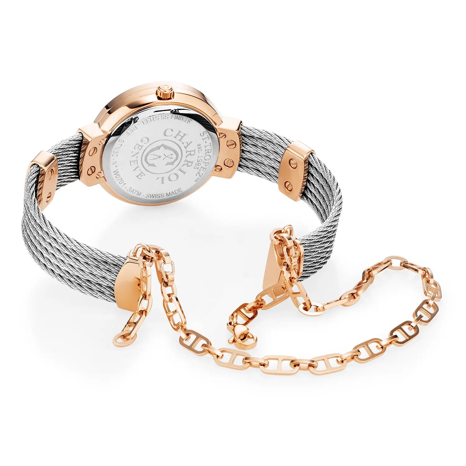 ST TROPEZ، 30 مم، عيار كوارتز، عيار كوارتز، سوار من اللؤلؤ مع 10 أحجار كريمة من اللؤلؤ، سوار من اللؤلؤ، سوار من الفولاذ - Charriol جنيف - ساعة