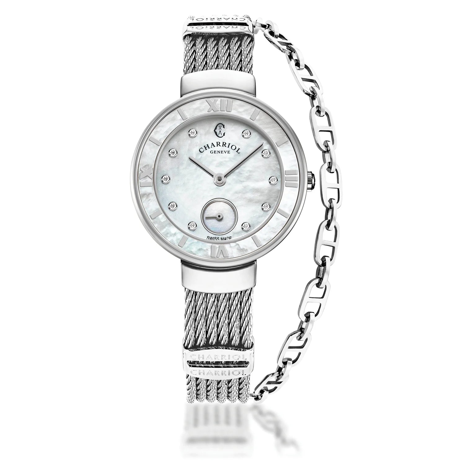ST TROPEZ, 30MM, QUARTZ CALIBRE, MOTHER-OF-PEARL WITH 10 DIAMONDS, MOTHER-OF-PEARL BEZEL, STEEL CABLE BRACELET - Charriol Geneve - Watch