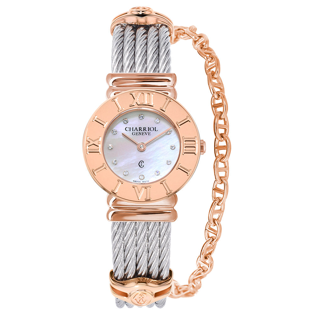St-Tropez Icon 24,5mm, Steel Cable, Rose Gold with Roman Numerals Bezel, White MOP Dial with 12 White Diamonds Index - Charriol - Watch