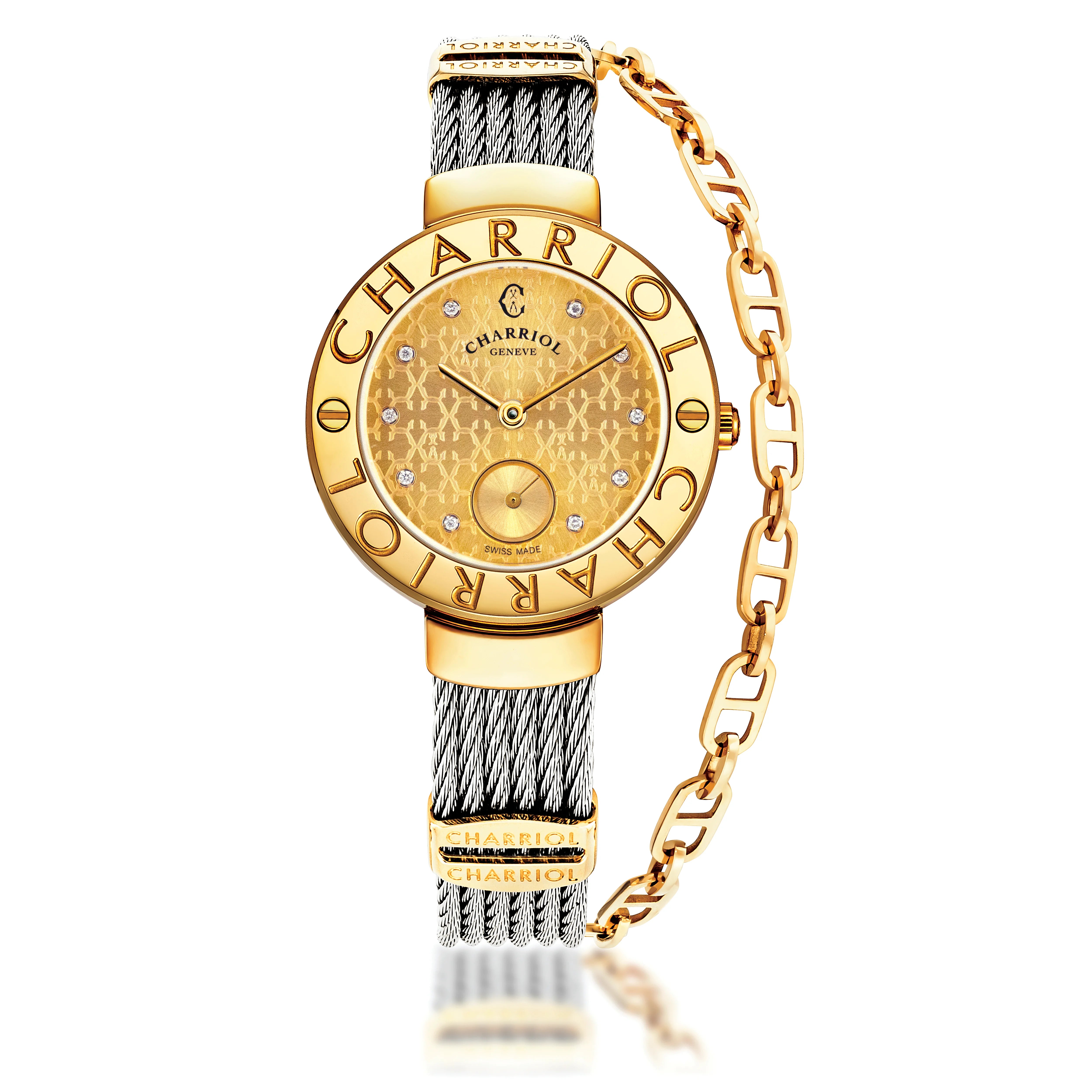 ST-TROPEZ® MONOGRAM, 30MM, STEEL YELLOW GOLD PVD BEZEL, CHAMPAGNE MONOGRAM WITH 10 DIAMONDS DIAL, STEEL CABLE WITH YELLOW GOLD PVD DECORS BRACELET - ©2025 Philippe Charriol International Ltd. - Watch