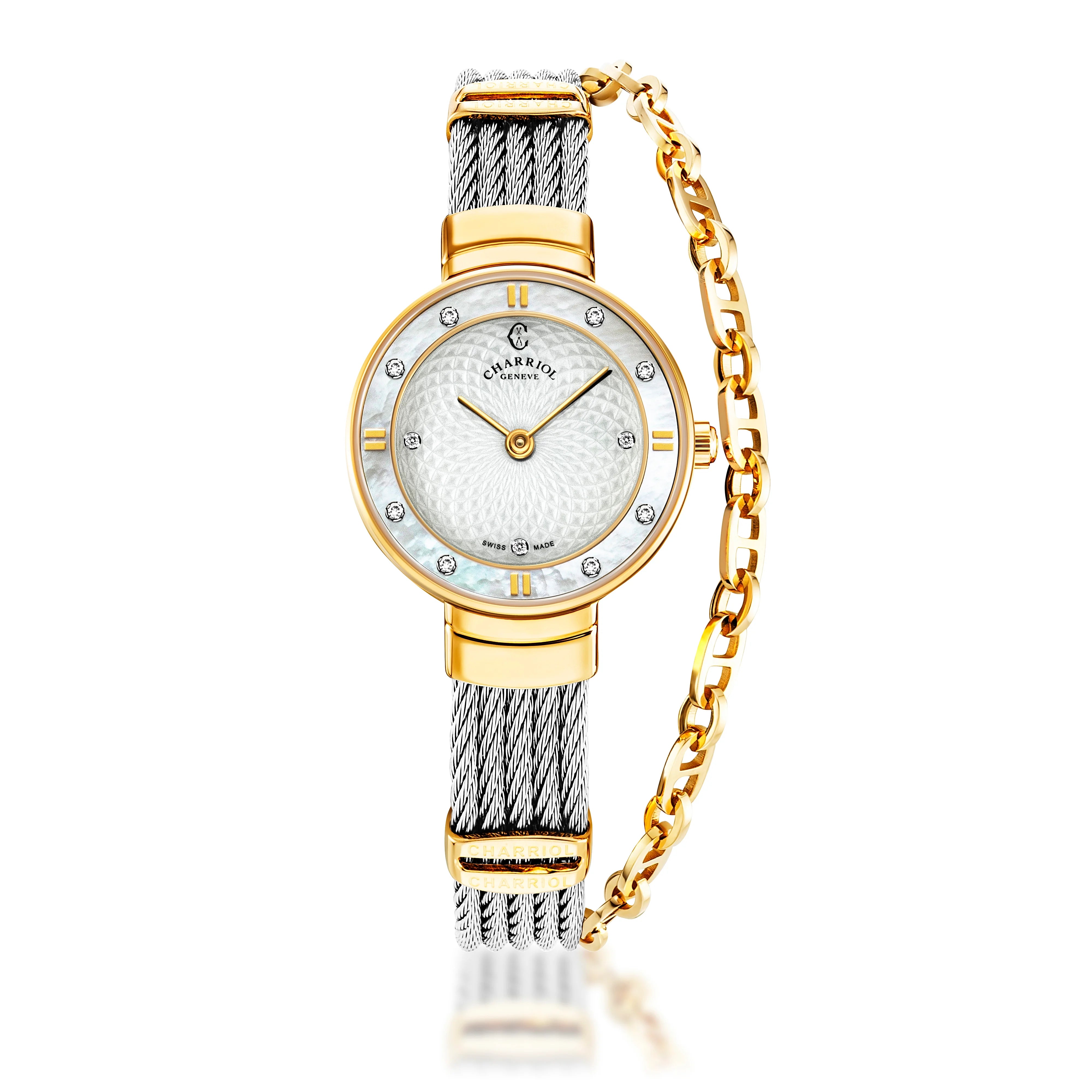 ST-TROPEZ® GUILLOCHE, 25MM, WHITE MOTHER-OF-PEARL WITH ROMAN NUMERAL & 8 DIAMONDS BEZEL, WHITE GUILLOCHE MOTHER-OF-PEARL WITH 10 DIAMONDS DIAL, STEEL CABLE WITH YELLOW GOLD PVD DECORS BRACELET - ©2025 Philippe Charriol International Ltd. - Watch