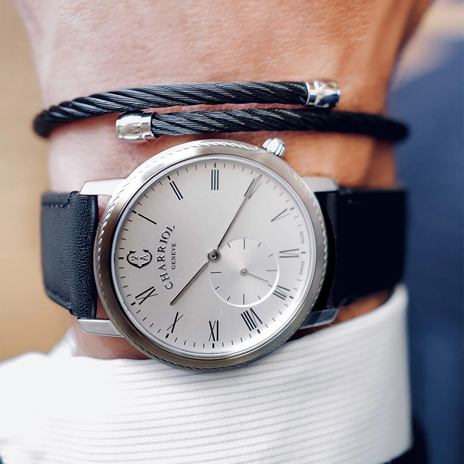 CELTIC® LEGACY, 40MM, QUARTZ CALIBRE, STEEL BEZEL, WHITE WITH ROMAN NUMERALS DIAL, BLACK GENUINE LEATHER BRACELET - BLACK FRIDAY - ©2024 Philippe Charriol International Ltd. -  Watch