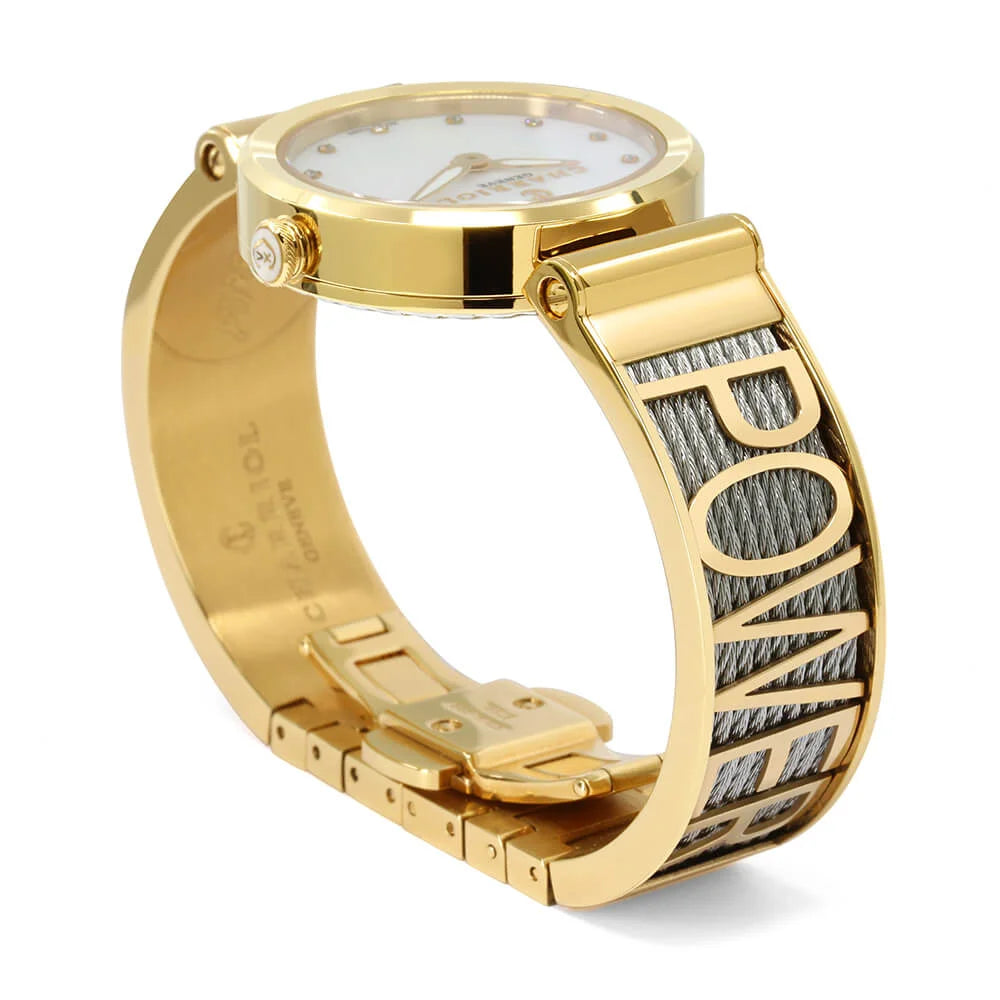 FOREVER ساعتك، عيار 32 مم، عيار كوارتز، عيار كوارتز، مينا من اللؤلؤ مع 12 حجر كريم، حزام من الذهب الأصفر المطلي بالورنيش الفضي وسوار من الفولاذ - Charriol جنيف - ساعة يد