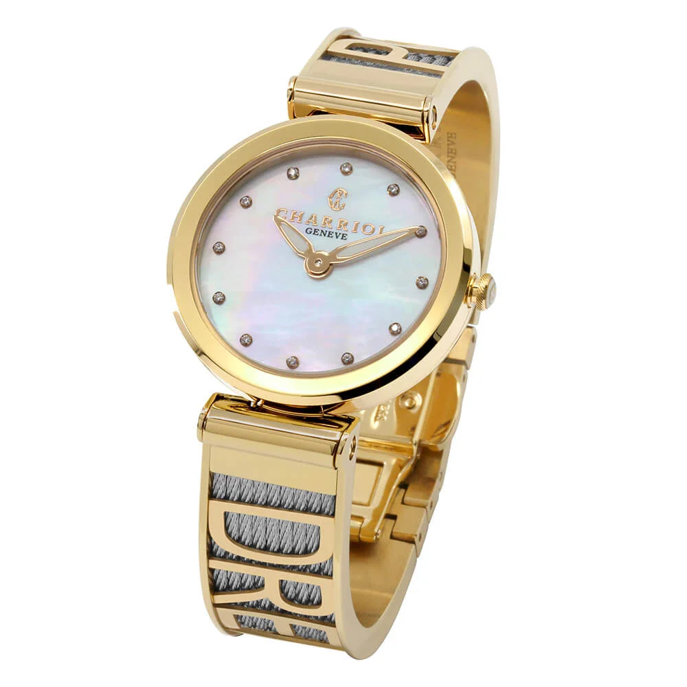 FOREVER ساعتك، عيار 32 مم، عيار كوارتز، عيار كوارتز، مينا من اللؤلؤ مع 12 حجر كريم، حزام من الذهب الأصفر المطلي بالورنيش الفضي وسوار من الفولاذ - Charriol جنيف - ساعة يد