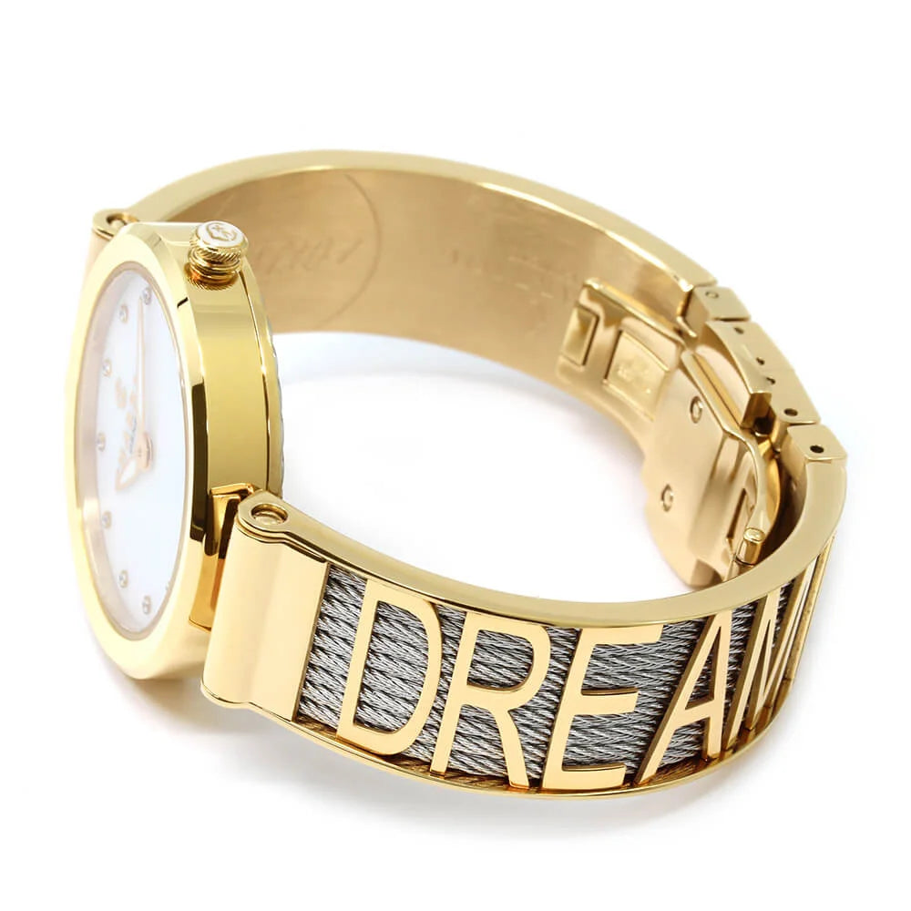 FOREVER ساعتك، عيار 32 مم، عيار كوارتز، عيار كوارتز، مينا من اللؤلؤ مع 12 حجر كريم، حزام من الذهب الأصفر المطلي بالورنيش الفضي وسوار من الفولاذ - Charriol جنيف - ساعة يد