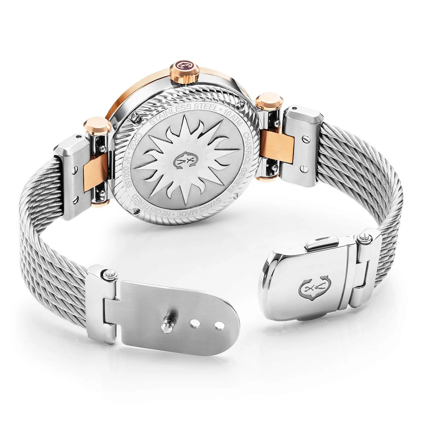 NAVIGATOR CRUISE، 36 ملم، عيار كوارتز عيار 36 ملم، عيار كوارتز عيار 36 ملم، مينا أبيض من اللؤلؤ مع 10 أحجار كريمة من اللؤلؤ، سوار من الفولاذ الذهبي الوردي PVD "CHARRIOL CHARRIOL " مع 2 سوار من الفولاذ قابل للتبديل مع سوار من الفولاذ الذهبي الوردي PVD مثبت - © 2024 Charriol - ساعة