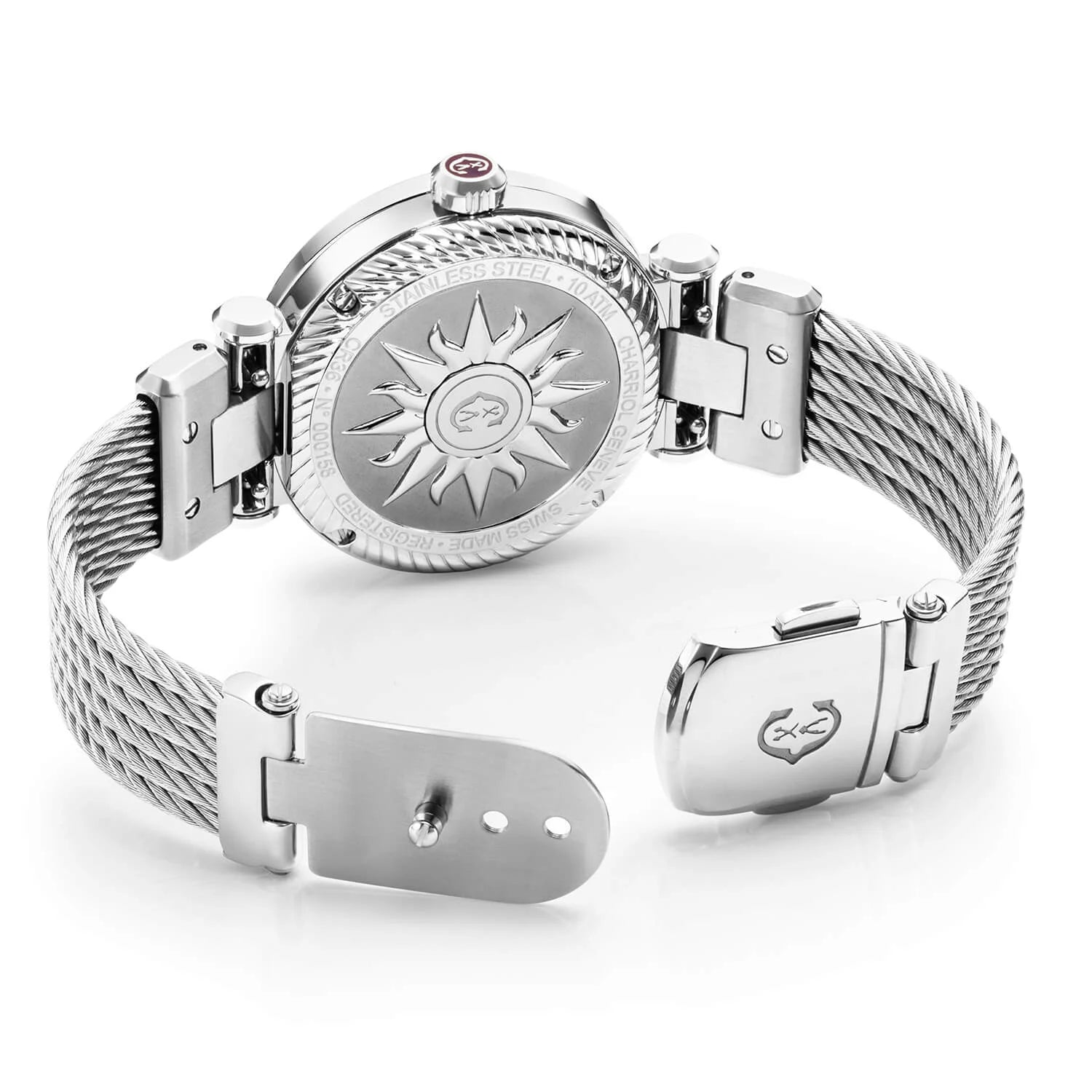 NAVIGATOR CRUISEعيار 36 مم، عيار كوارتز من حجر القمر مطبوع عليه 11 حجرًا من الفولاذ "CHARRIOL CHARRIOL " مع 2 سوار من الفولاذ، سوار من الفولاذ قابل للتبديل - © 2024 Charriol - ساعة